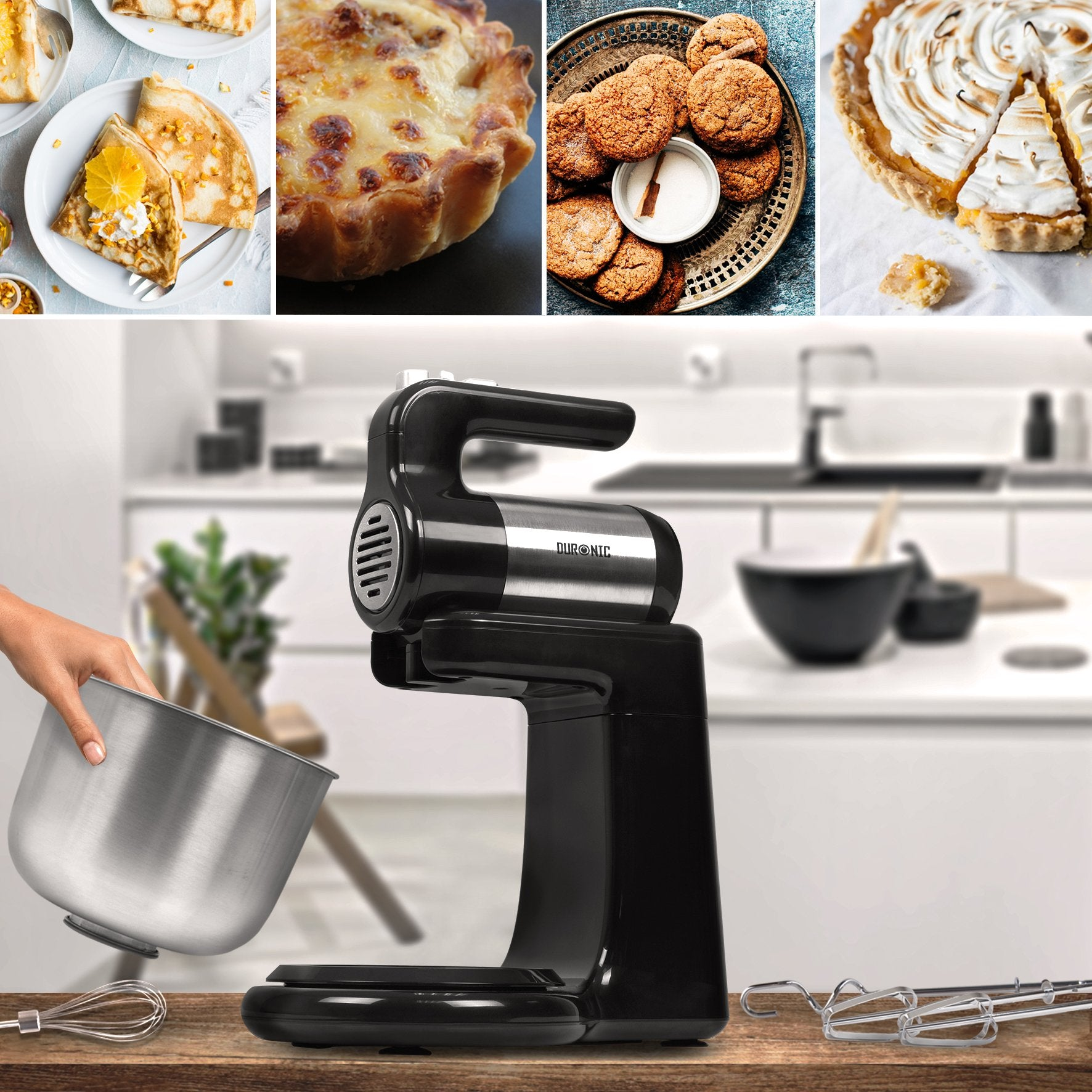 Eine Küchenszene mit einem Küchenmixer, Schüsseln und verschiedenen Backwaren, bereit zum Kochen.