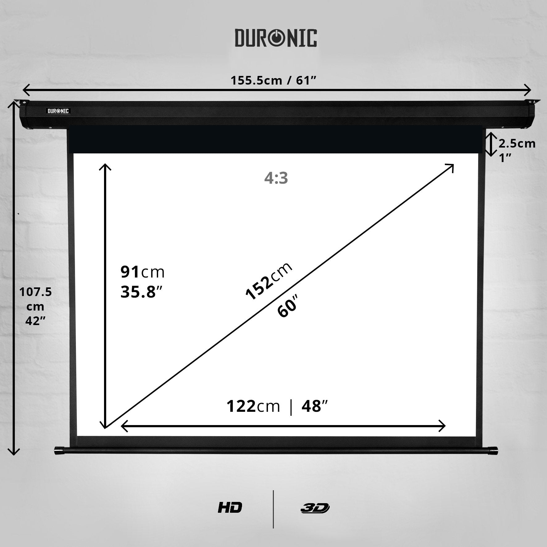 Pantalla de proyector con medidas etiquetadas, dimensiones en cm y pulgadas, sobre un fondo claro.