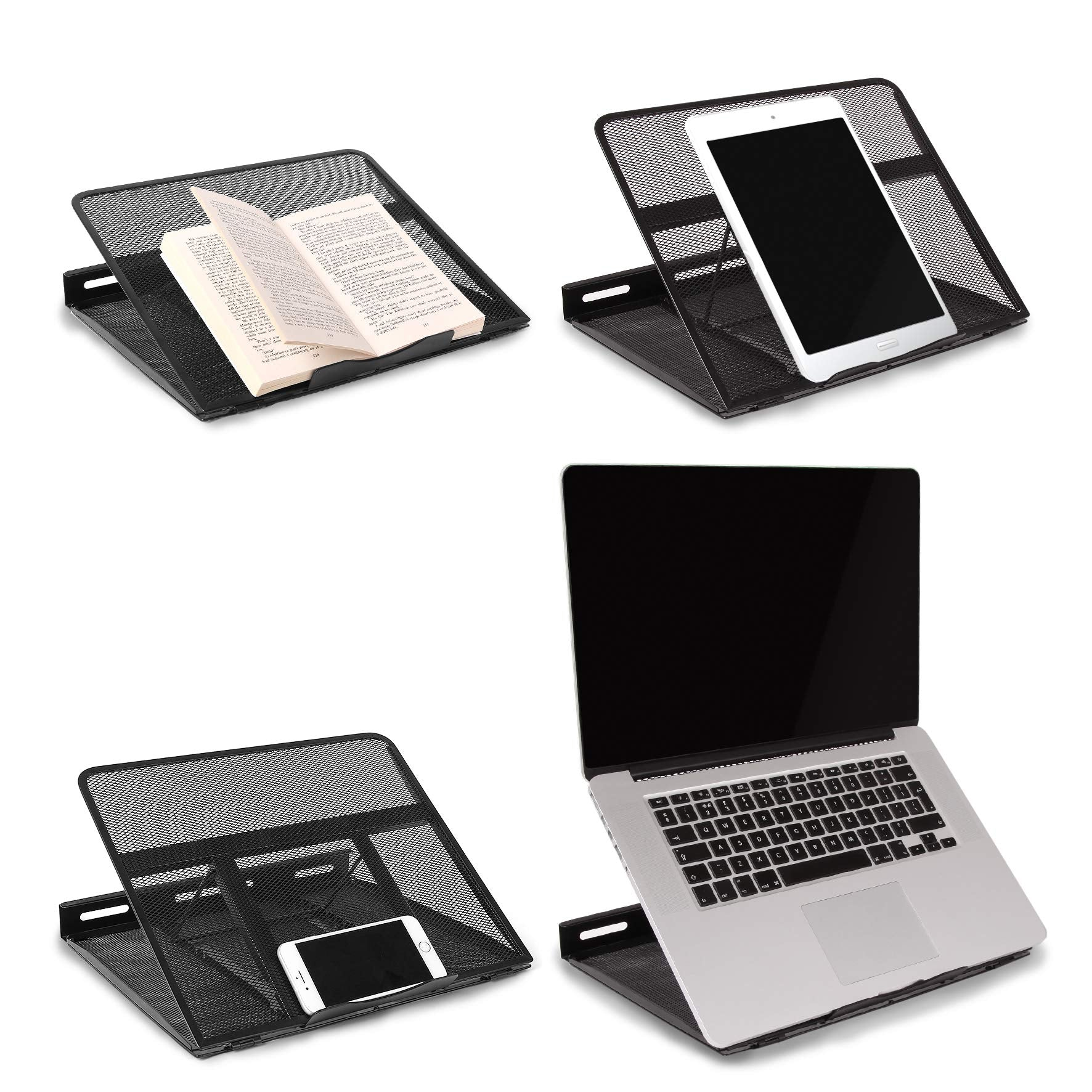 Cuatro imágenes de un soporte para portátil negro que sostiene un libro, una tableta y un portátil sobre un fondo blanco.
