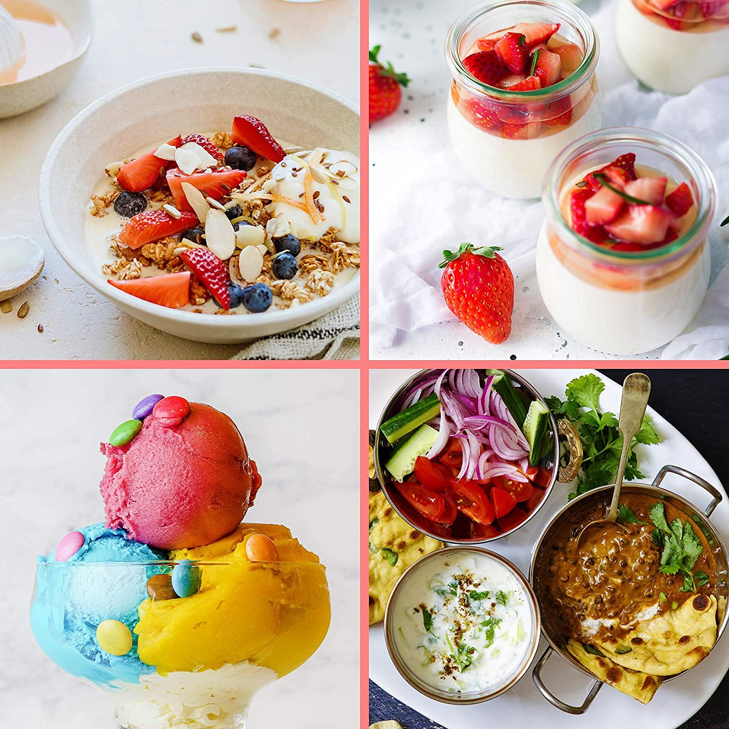 Cuatro imágenes de comida. Yogur con bayas, postres de fresa, sundae y un plato de curry.