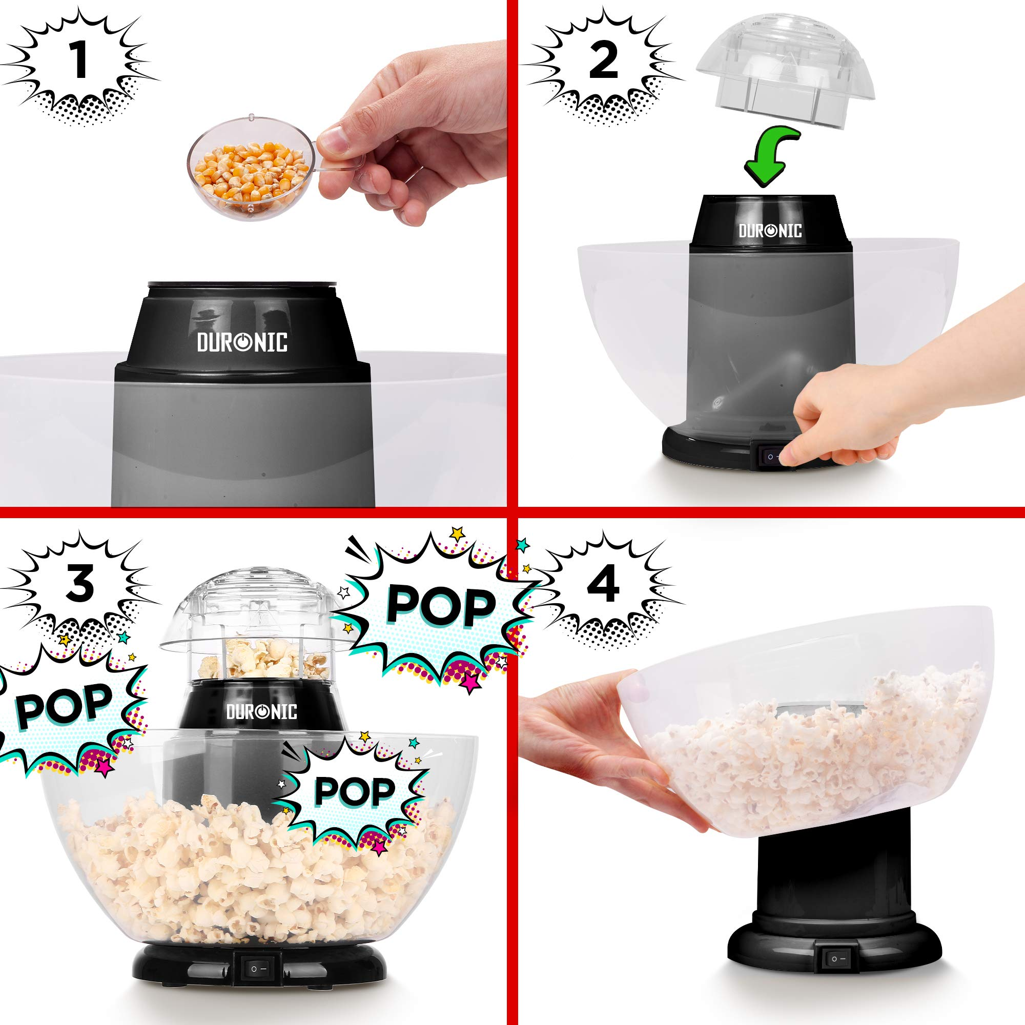 Popcorn-Maker-Schritte: Mais hinzugefügt, Deckel drauf, Poppen beginnt und Popcorn füllt die Schüssel. Schwarz und klar.