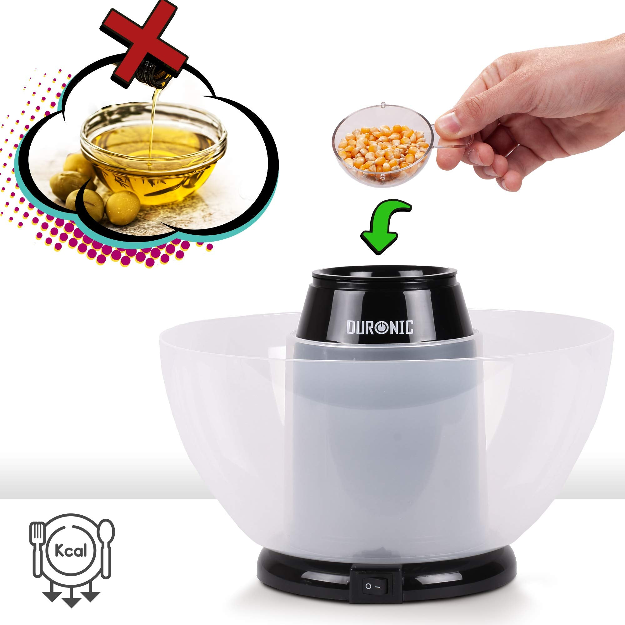 Popcornmaschine mit Illustration; kein Öl, Maiskörner, Löffel, und Kcal-Symbol auf Weiß.