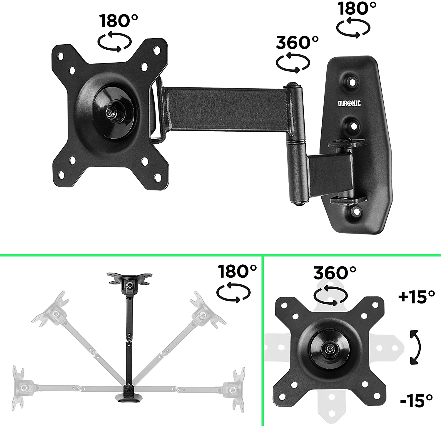 Schwarze Monitorhalterung mit Pfeilen, die Drehwinkel anzeigen: 180 und 360 Grad.