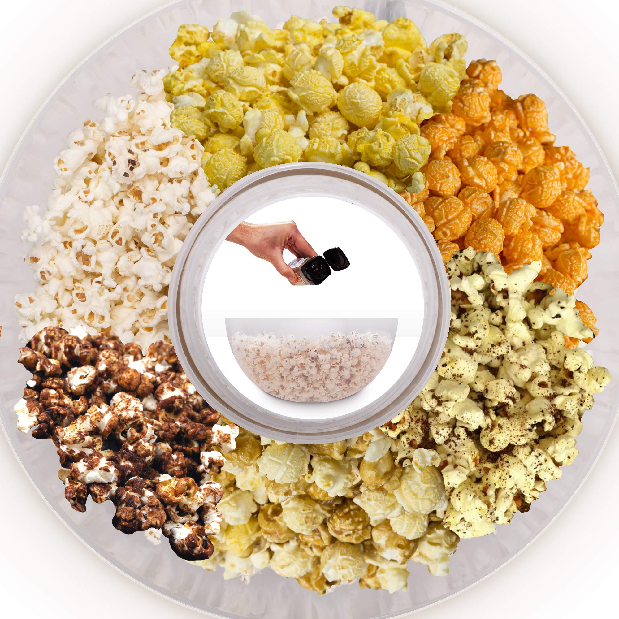 Popcorn-Sorten in einem durchsichtigen Behälter: weiß, gelb, orange, Schoko und gemischt.