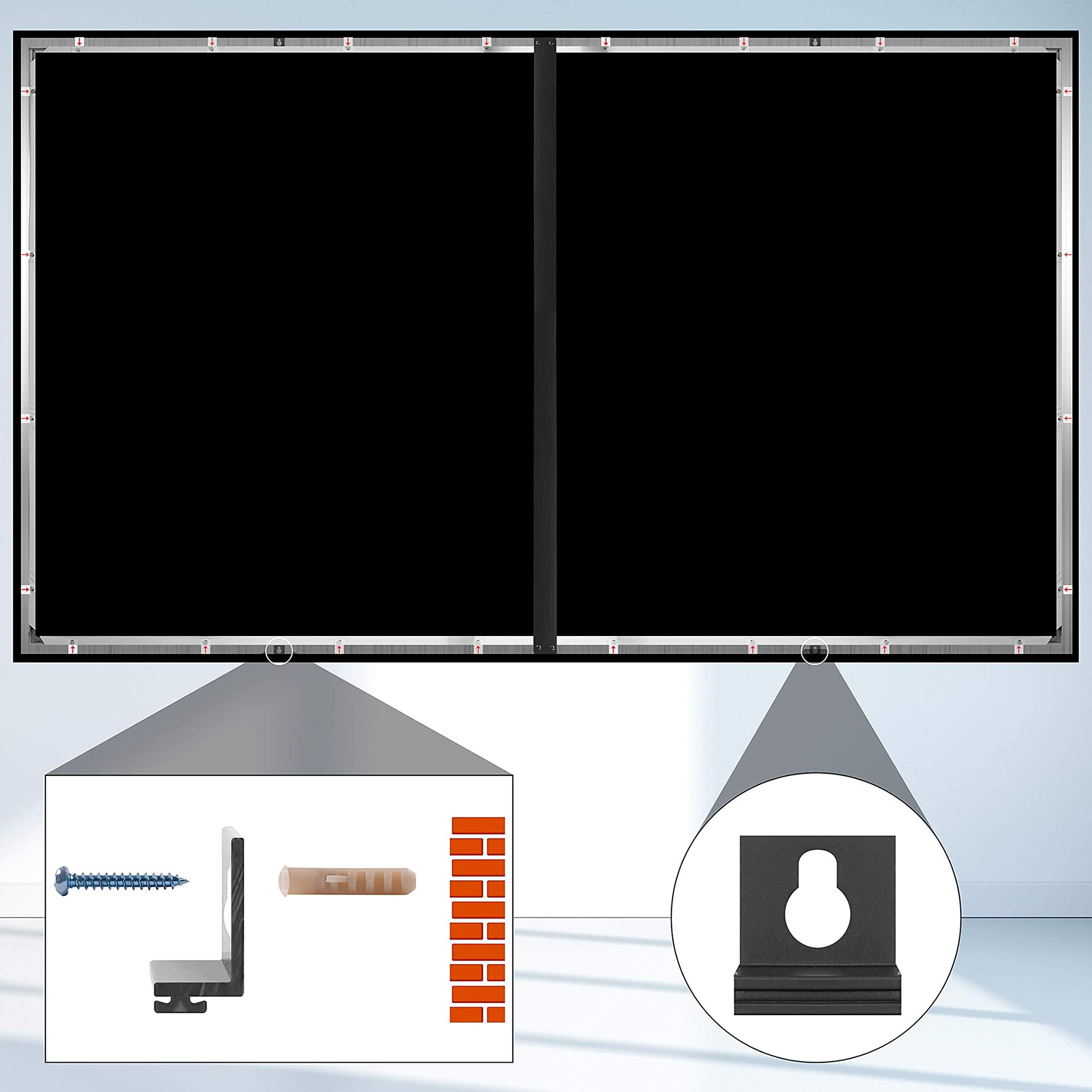 TV en la pared, con inserciones de hardware de montaje. El televisor es negro. Pared blanca.