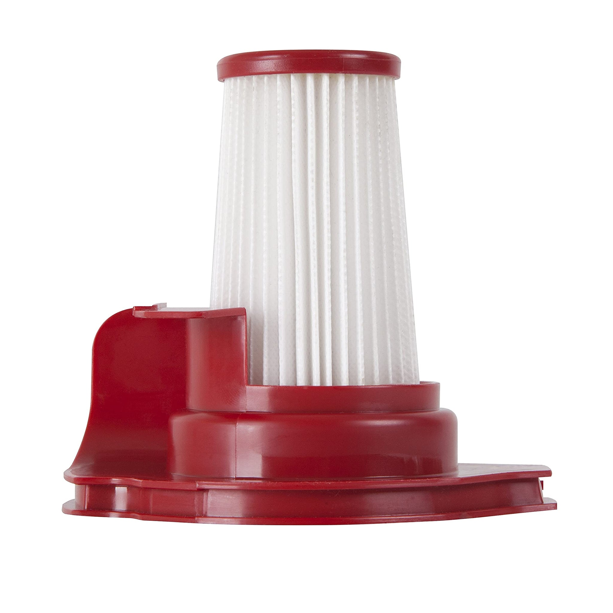 Roter Staubsaugerfilter mit weißem Filter, vor weißem Hintergrund.