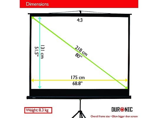 Pantalla para proyector - DURONIC Duronic TPS86/43 Pantalla Proyección Trípode Proyector Fijo Full 4K HD 3D 86" 4:3 (175x131cm)