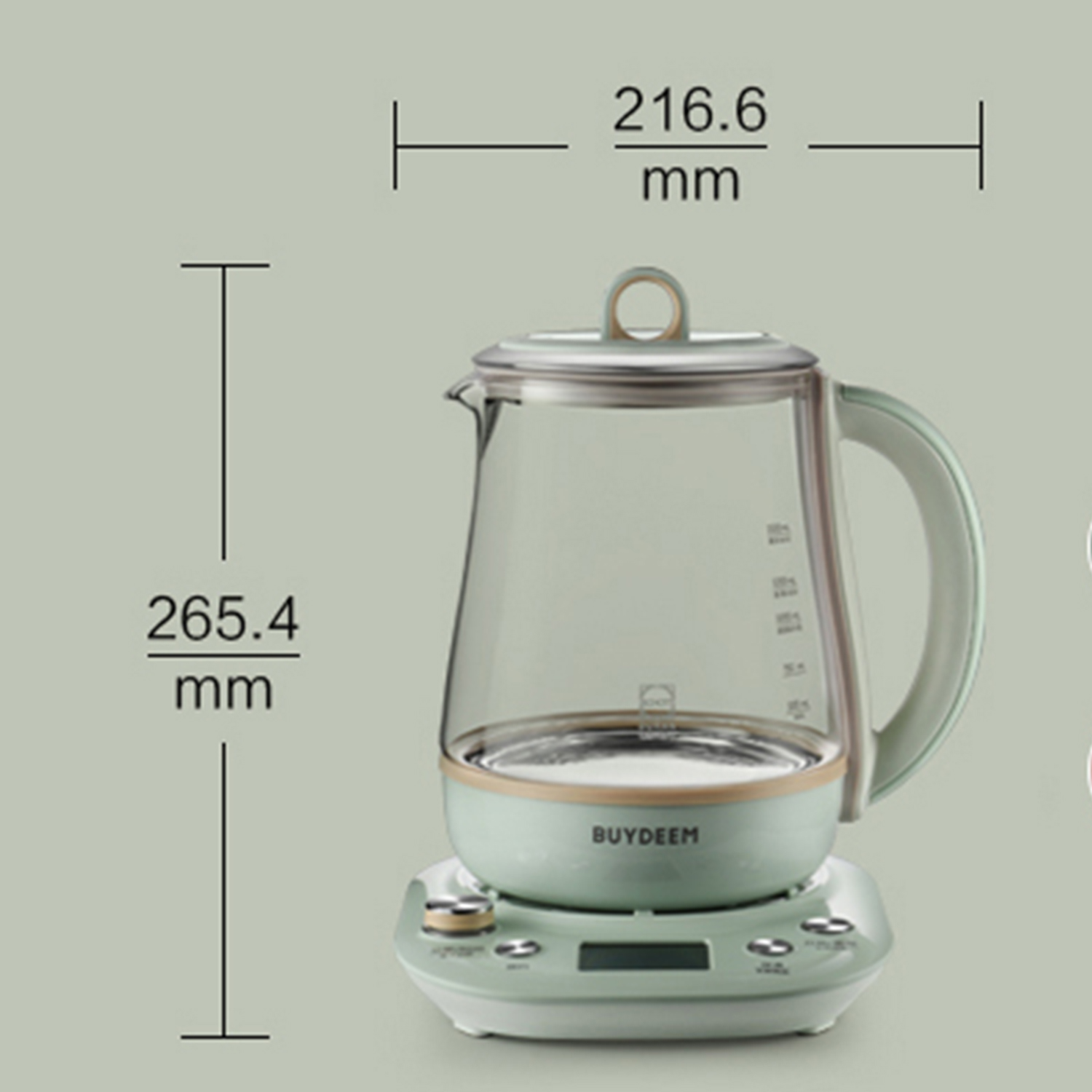 Szklany czajnik z pomiarami. Zielona podstawa. Pomiary to 216,6 mm i 265,4 mm.