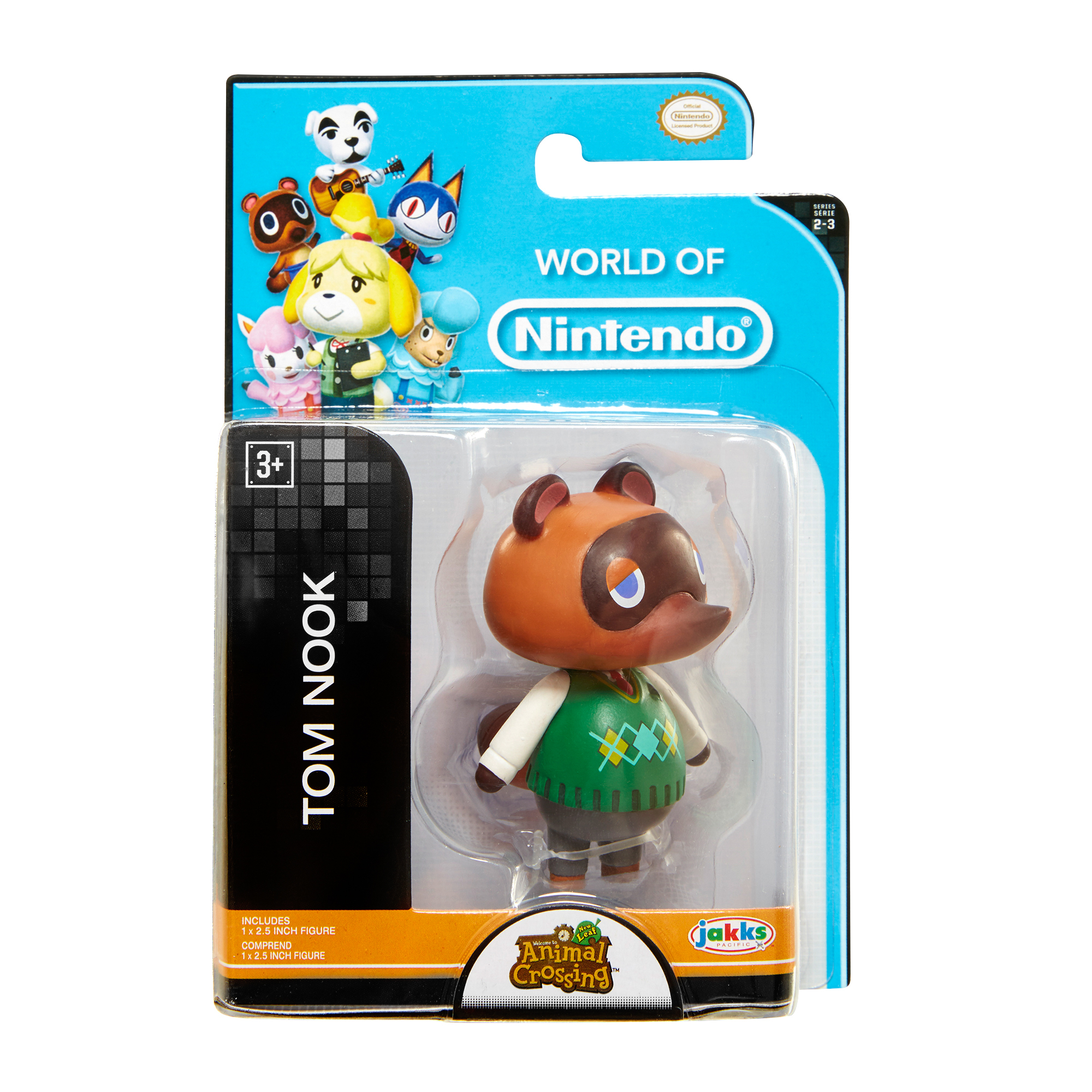 Tom Nook Figur von Animal Crossing, in der Verpackung. Es ist ein Spielzeug in einer Plastikbox.
