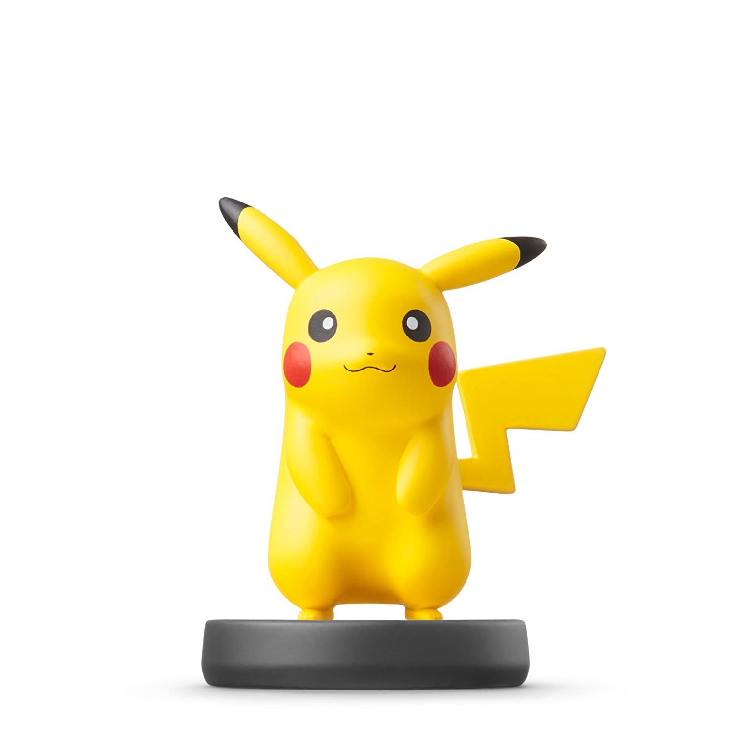 Gelbe Pikachu-Figur auf schwarzem Sockel. Rote Wangen, schwarze Ohren und Schwanz.