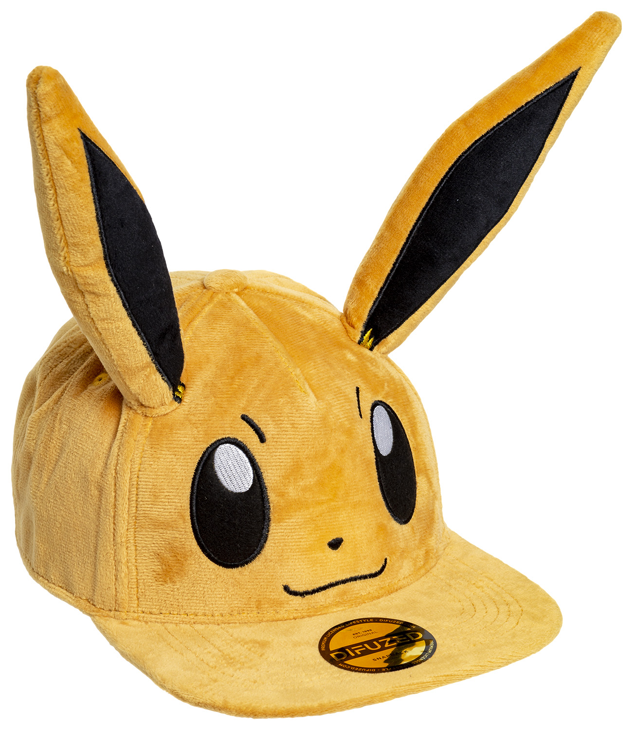 Eine Evoli Pokemon-Kappe. Sie ist orange mit schwarzen Ohren und einem lächelnden Gesicht vorne.