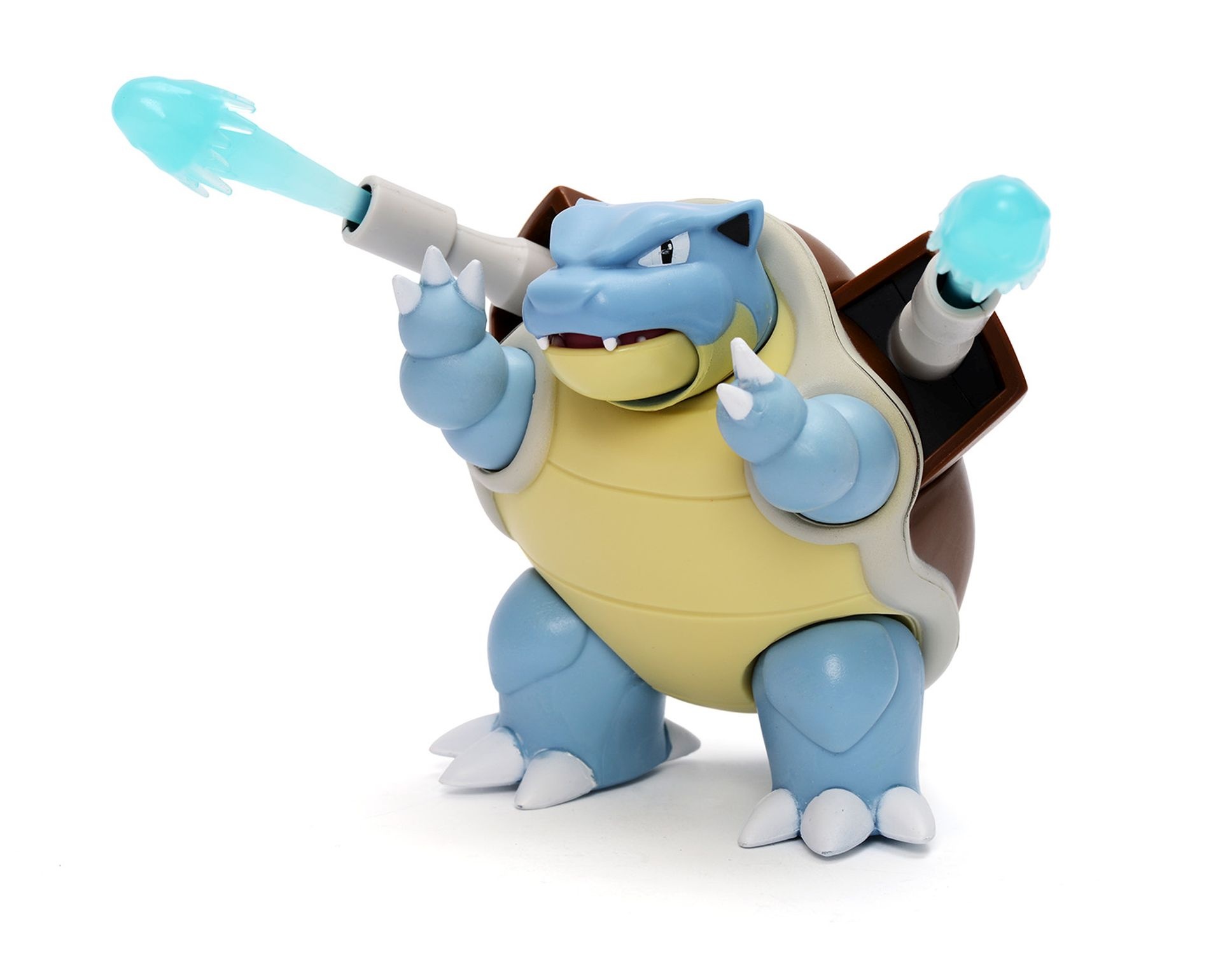 Blastoise Pokemon Figur, blau und hellbraun, schießt Wasser aus Kanonen.