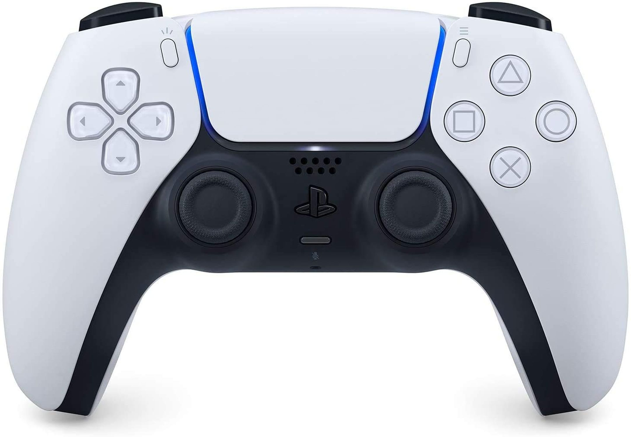Ein weiß-schwarzer Playstation 5 Controller mit Knöpfen und Touchpad.