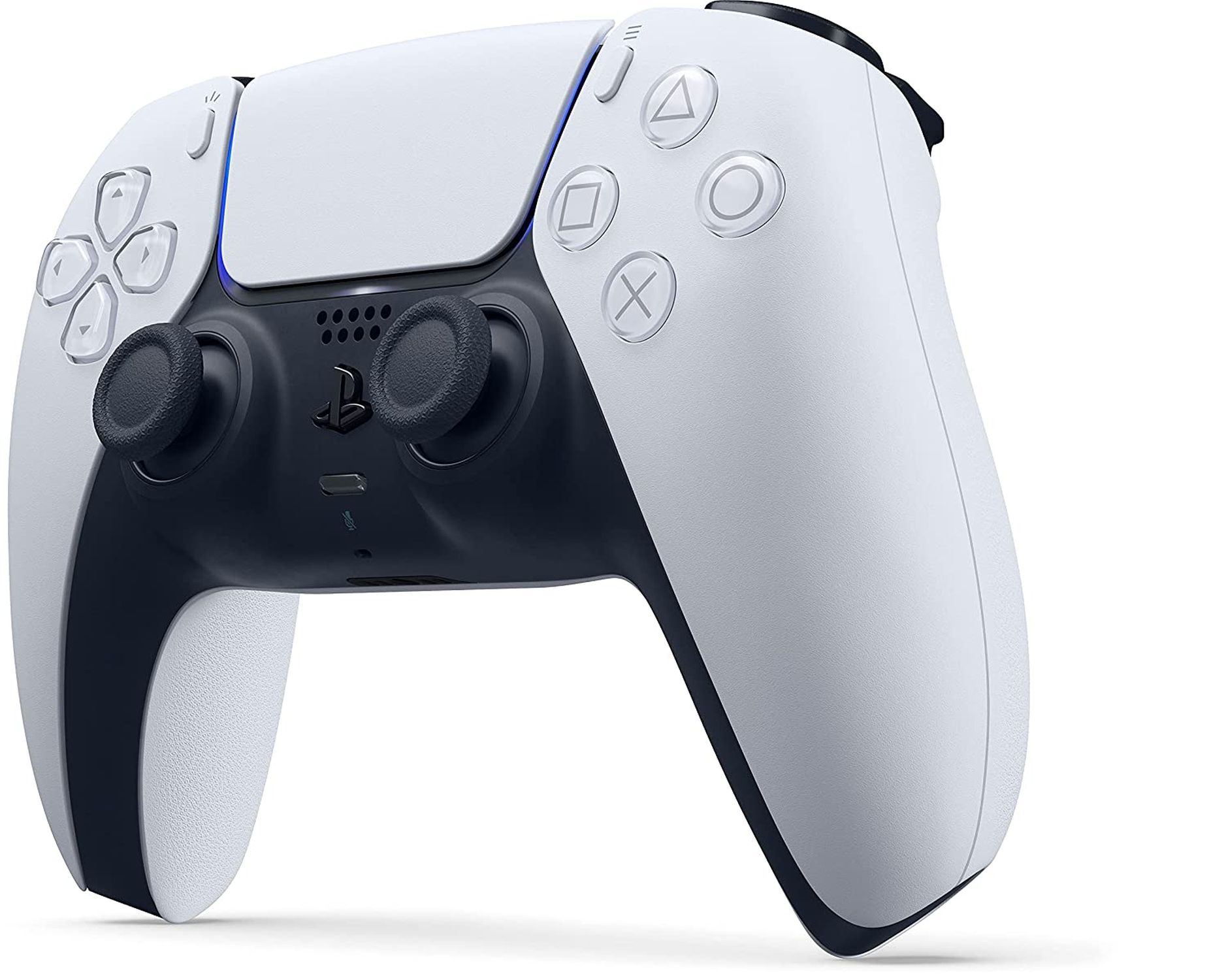 Weiß-schwarzer PlayStation 5-Controller. Hat Knöpfe und Joysticks. Weißer Hintergrund.