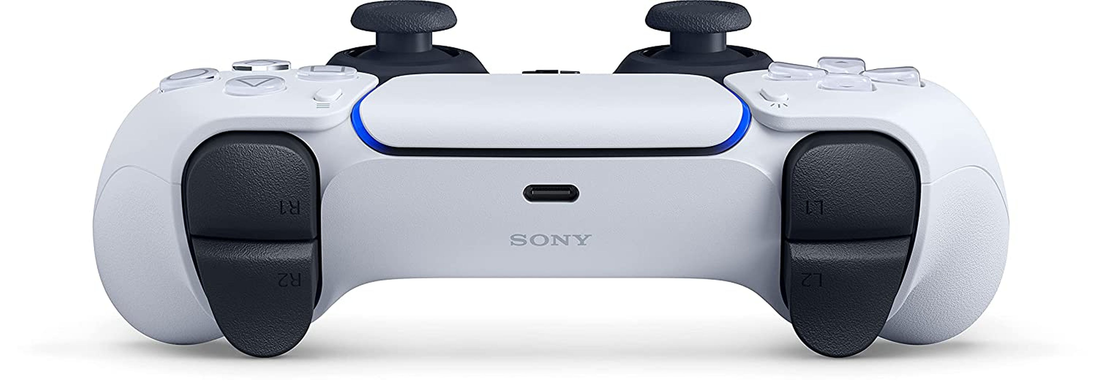 Weißer PlayStation 5 Controller mit schwarzen Daumensticks und Knöpfen. Oben ein hellblauer Streifen.