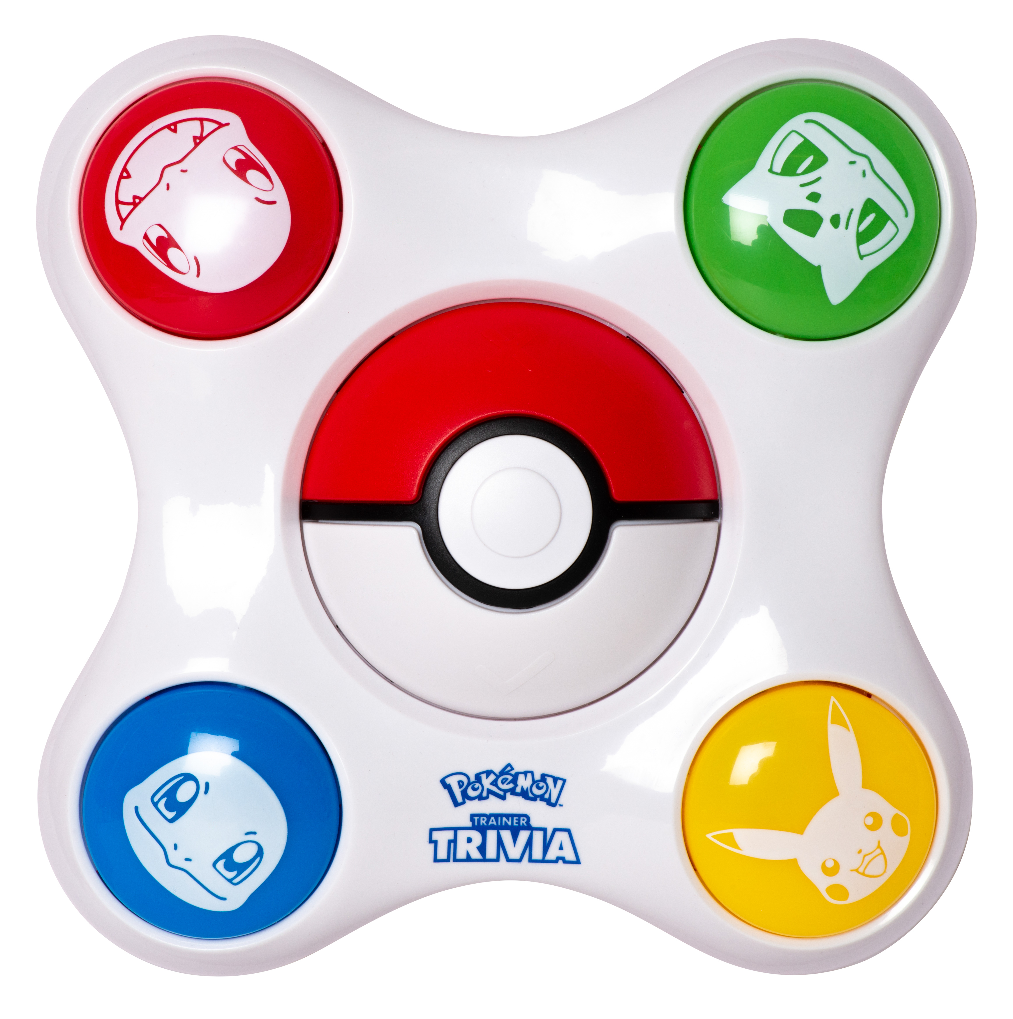 Pokemon Trainer Trivia Spiel. Verfügt über eine weiße Basis mit roten, grünen, blauen und gelben Knöpfen.