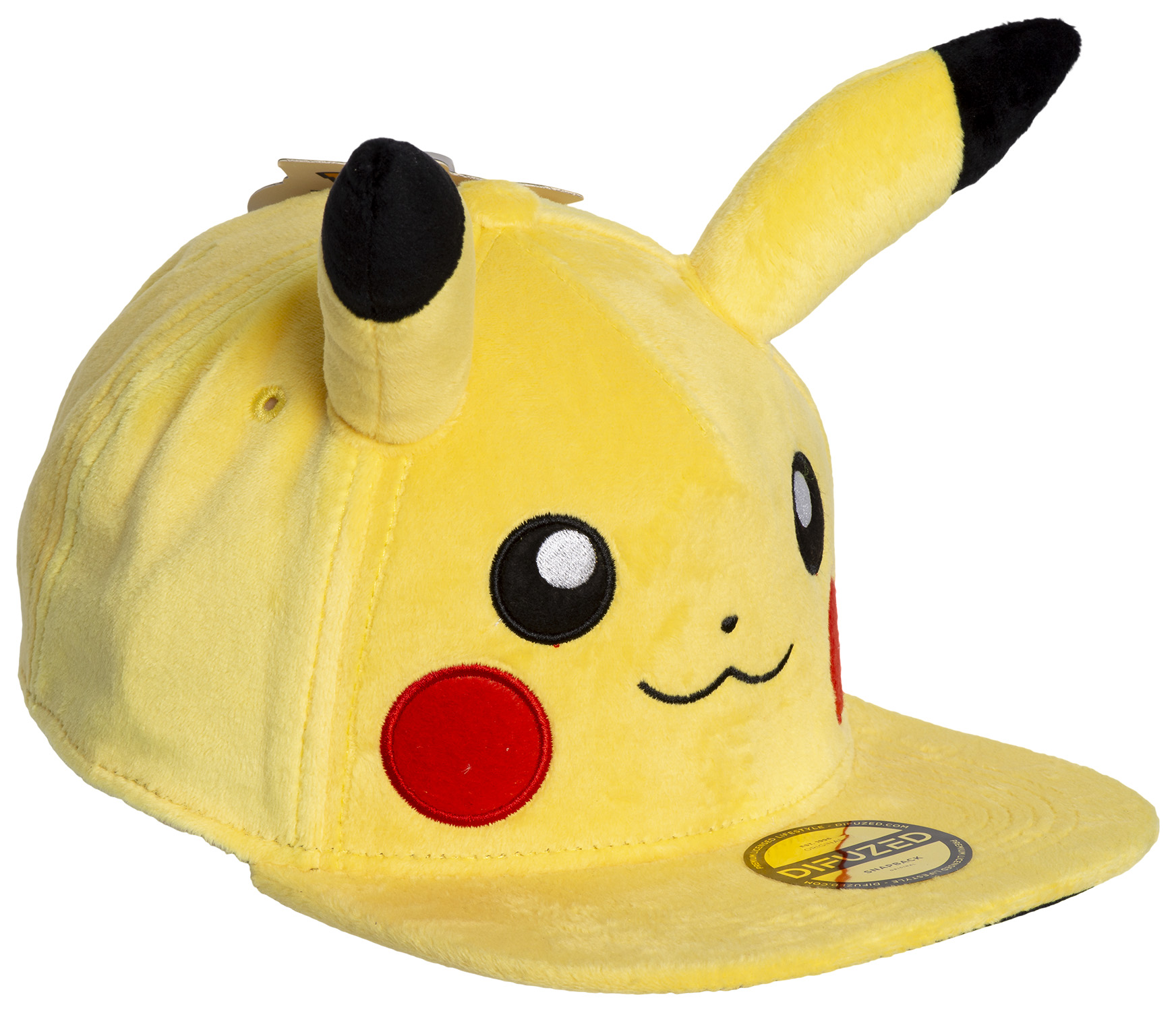 Gelbe Pikachu-Mütze mit Ohren und Wangen. Die Mütze hat einen flachen Schirm.