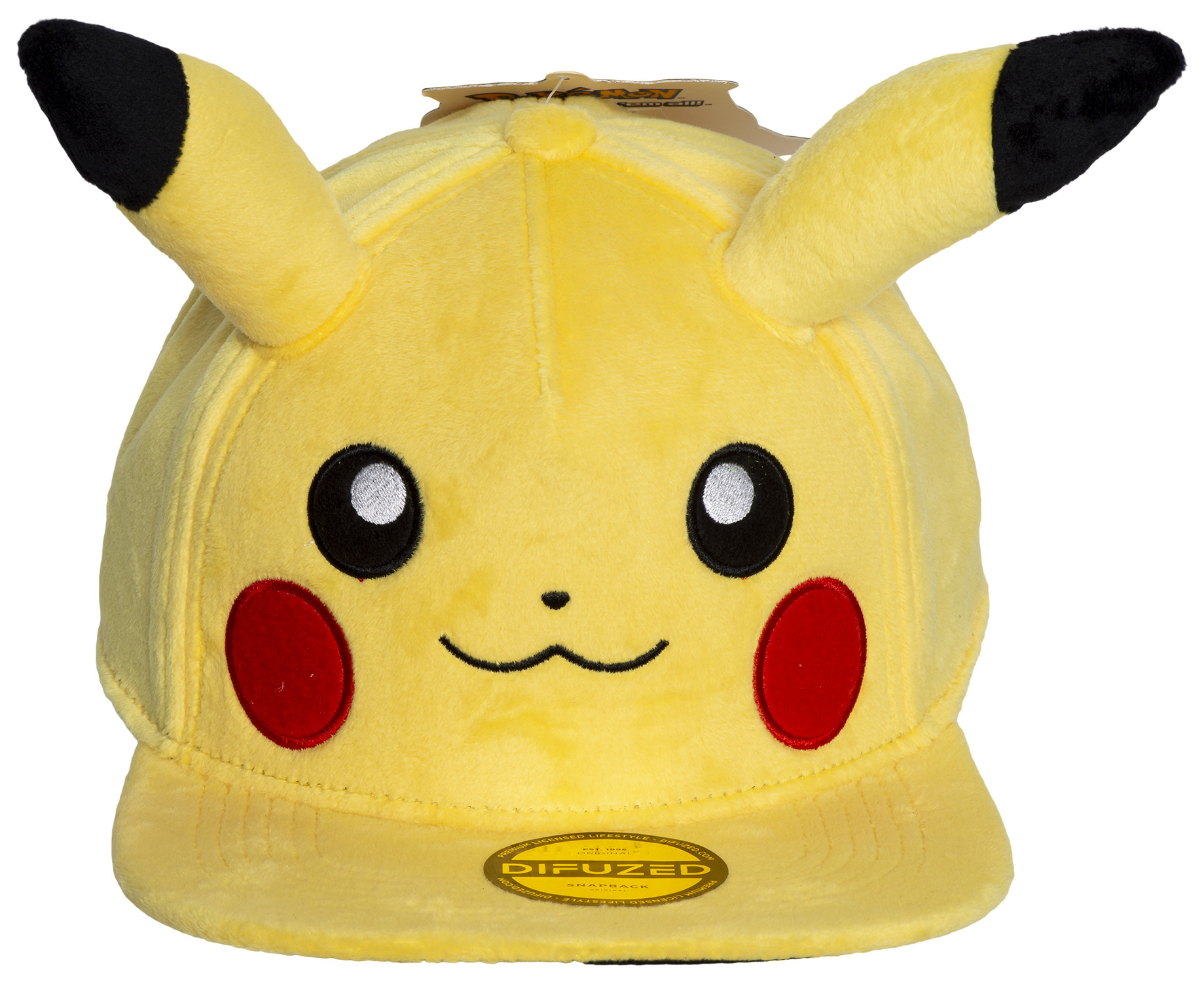 Gelbe Pikachu-Mütze mit schwarzen Ohren und Gesichtszügen. Hat rote Wangen und ein schwarzes Lächeln.