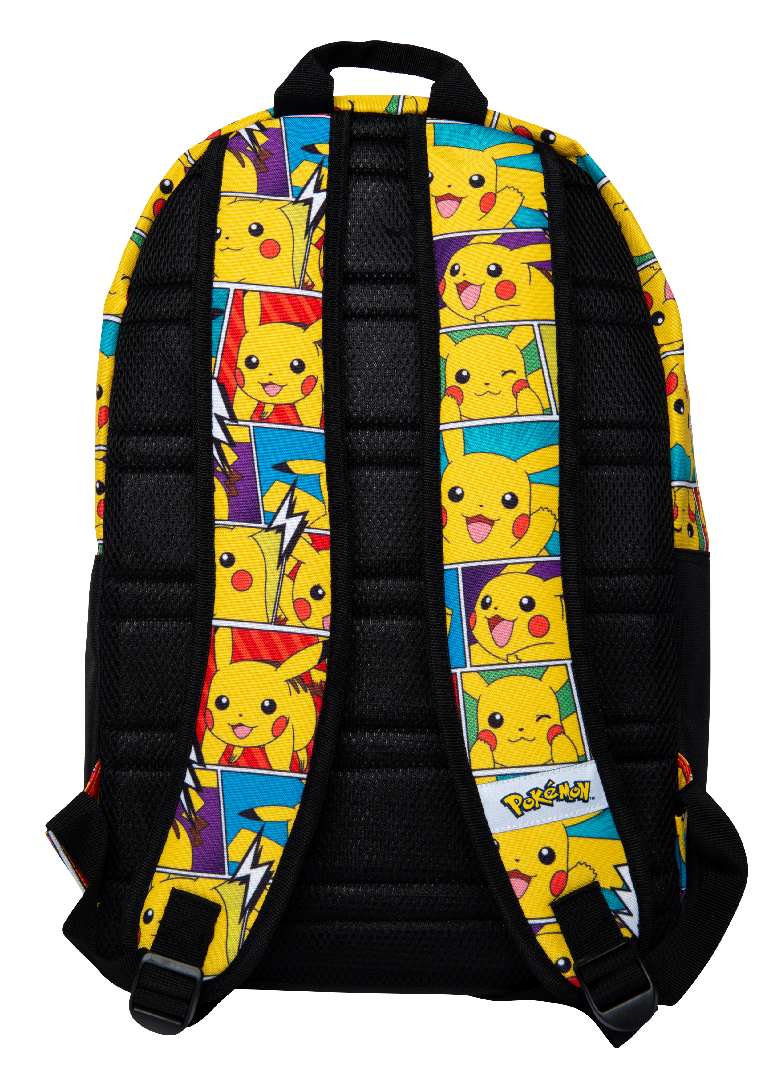 Rucksack mit Comic-Design mit Pikachu auf gelbem Hintergrund.