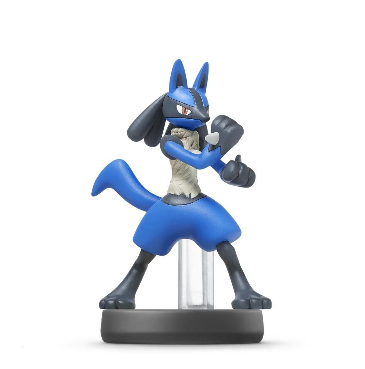 Lucario-Figur. Blau und schwarz, steht auf schwarzem Sockel. Kampfhaltung.