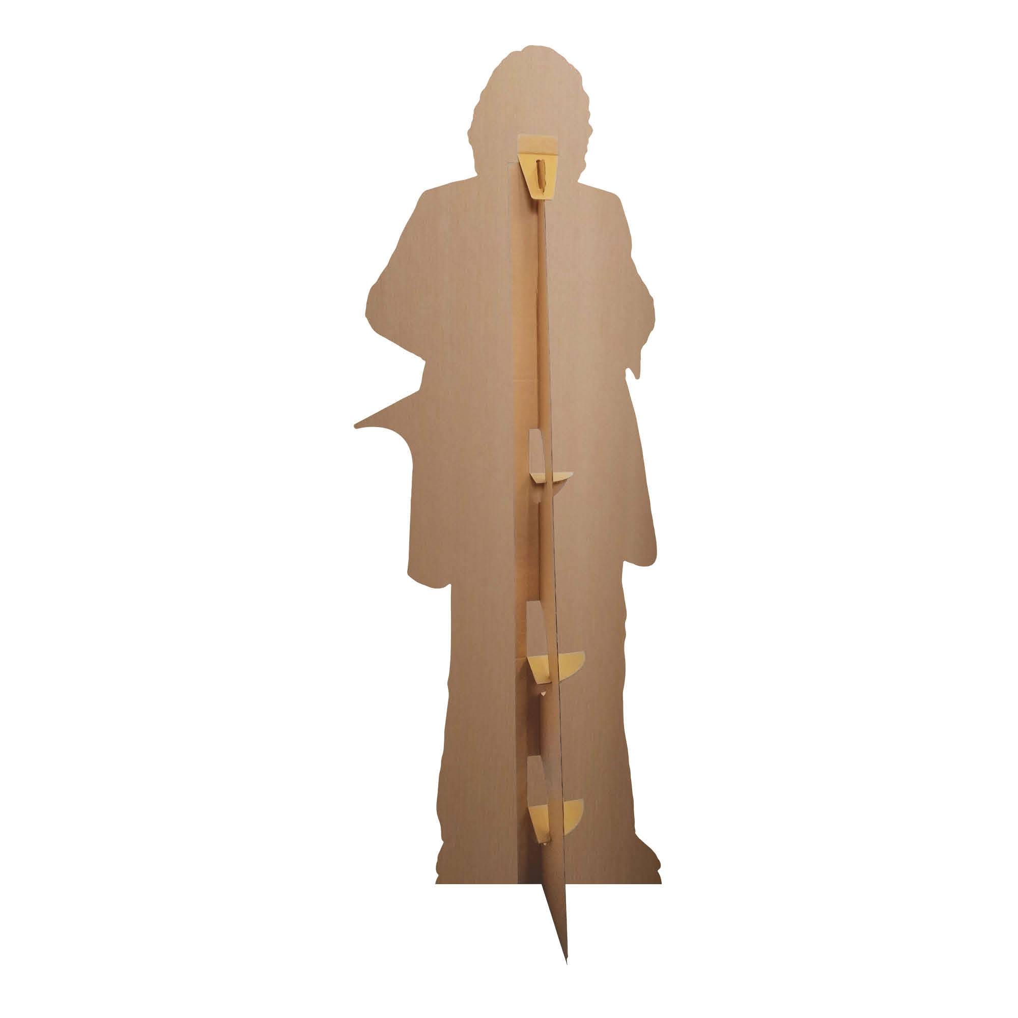 Pappaufsteller einer Person von hinten. Beige Farbe, stehend auf weißem Hintergrund.