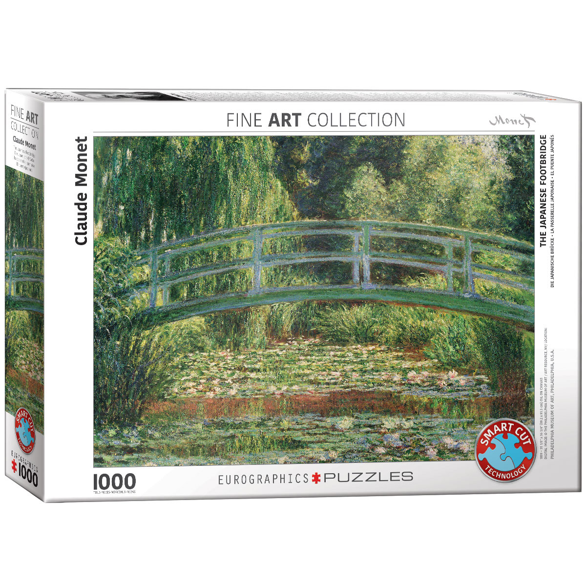 Puzzleschachtel von The Japanese Footbridge von Claude Monet. Zeigt eine Brücke über Seerosen. Fine Art Collection.