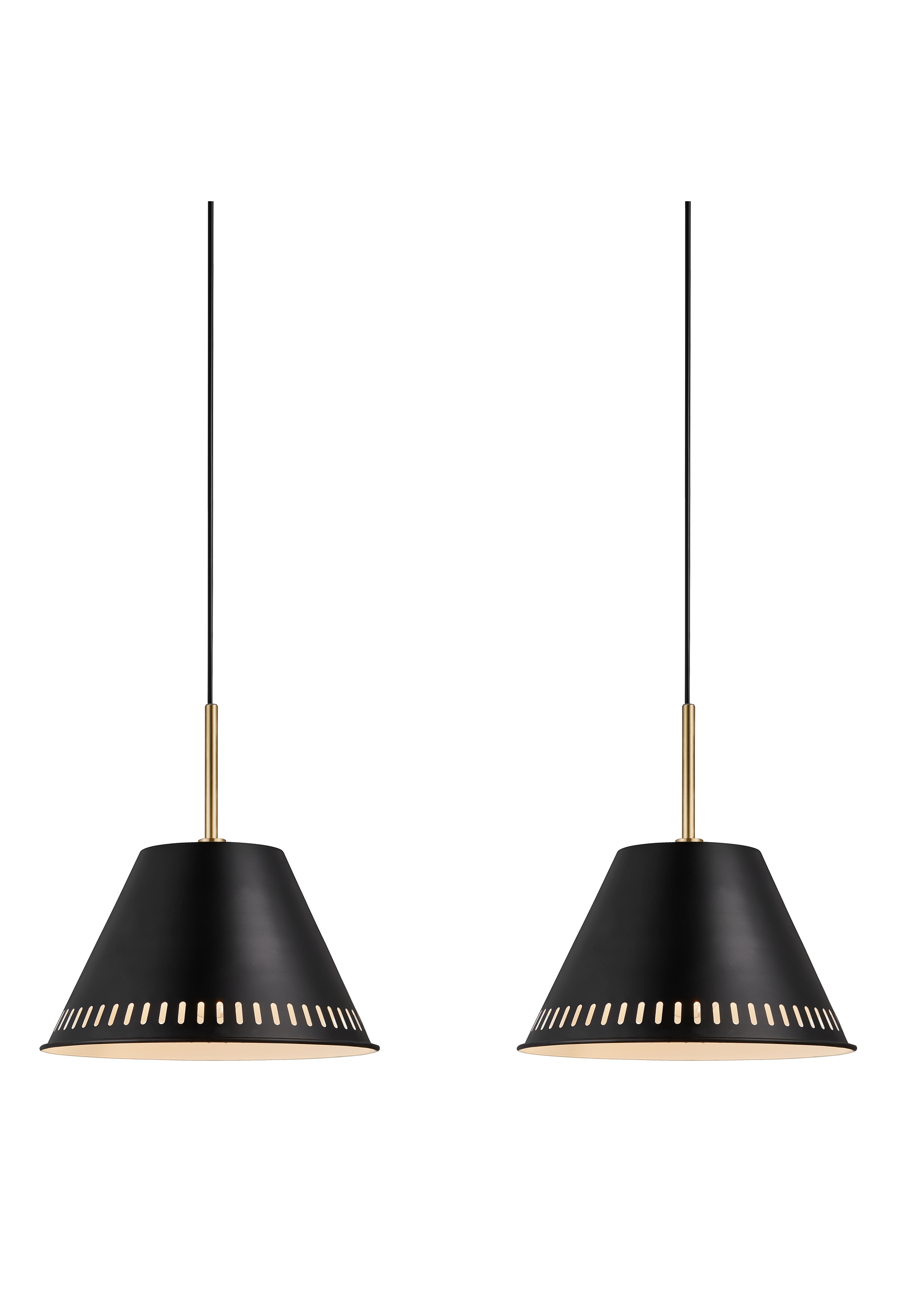 Zwei schwarze Pendelleuchten hängen von der Decke. Weißer Hintergrund.