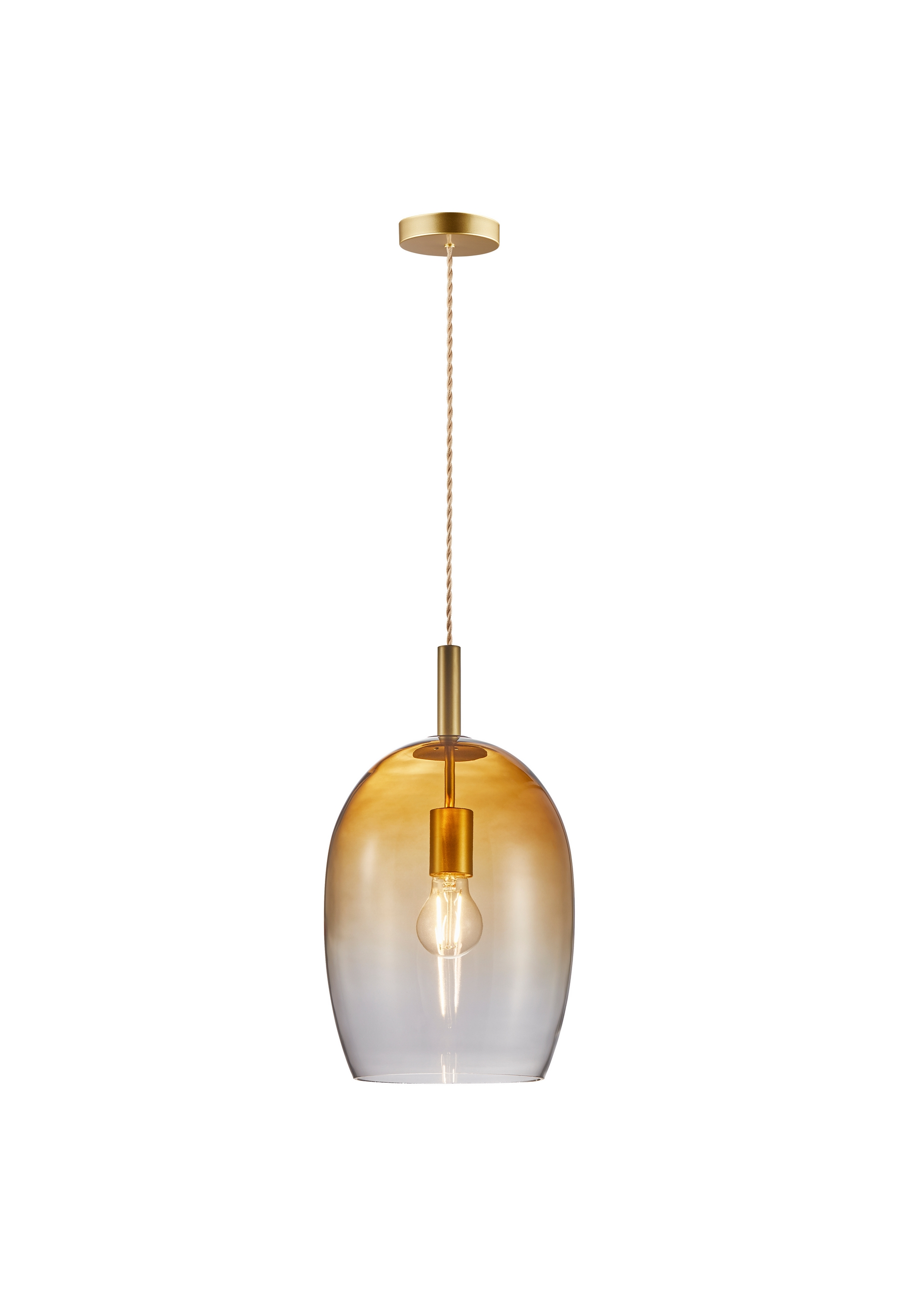 Eine Pendelleuchte mit goldener Halterung und transparentem Glasschirm.