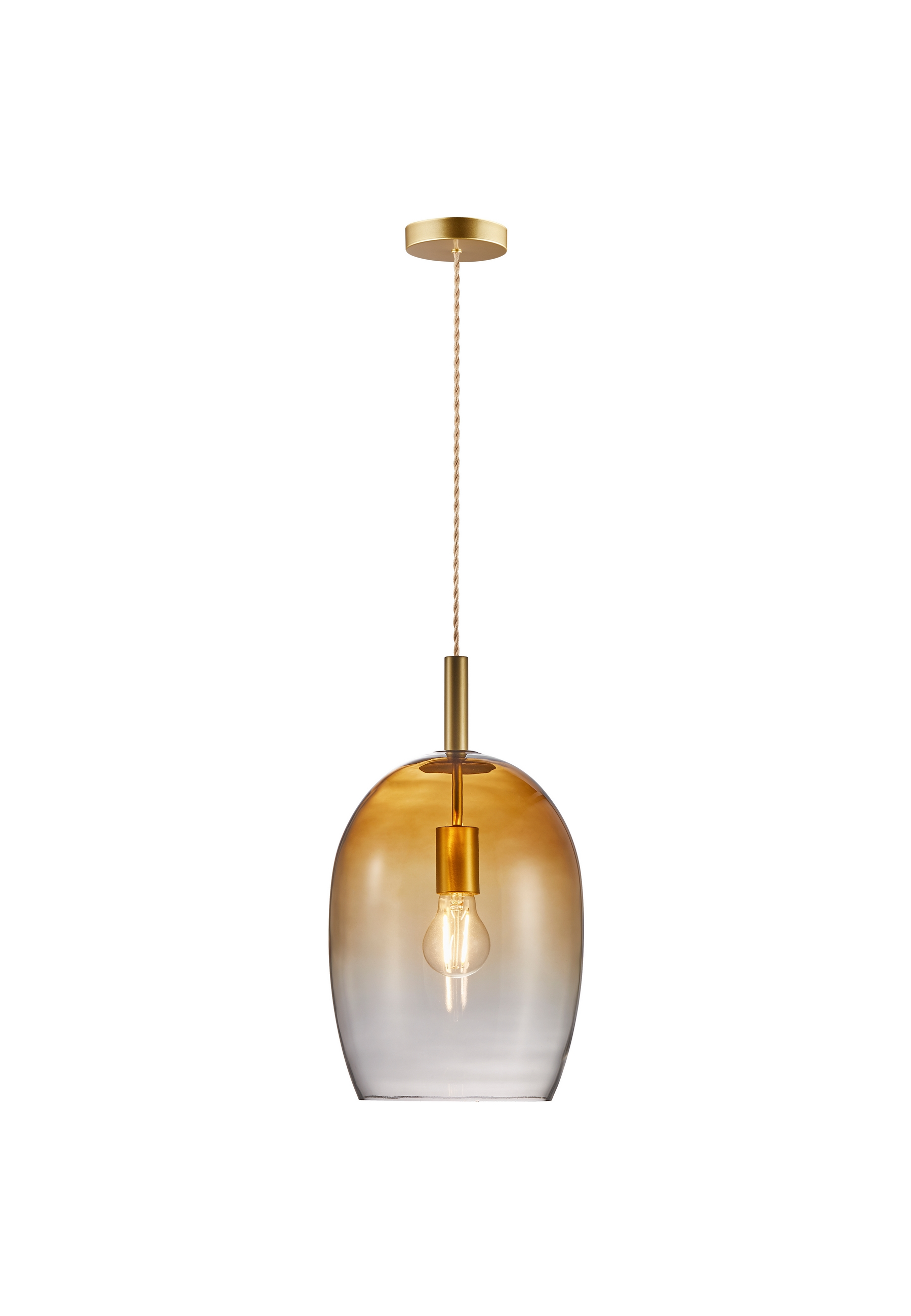 Hängelampe mit bernsteinfarbenem Glasschirm und goldener Oberfläche.