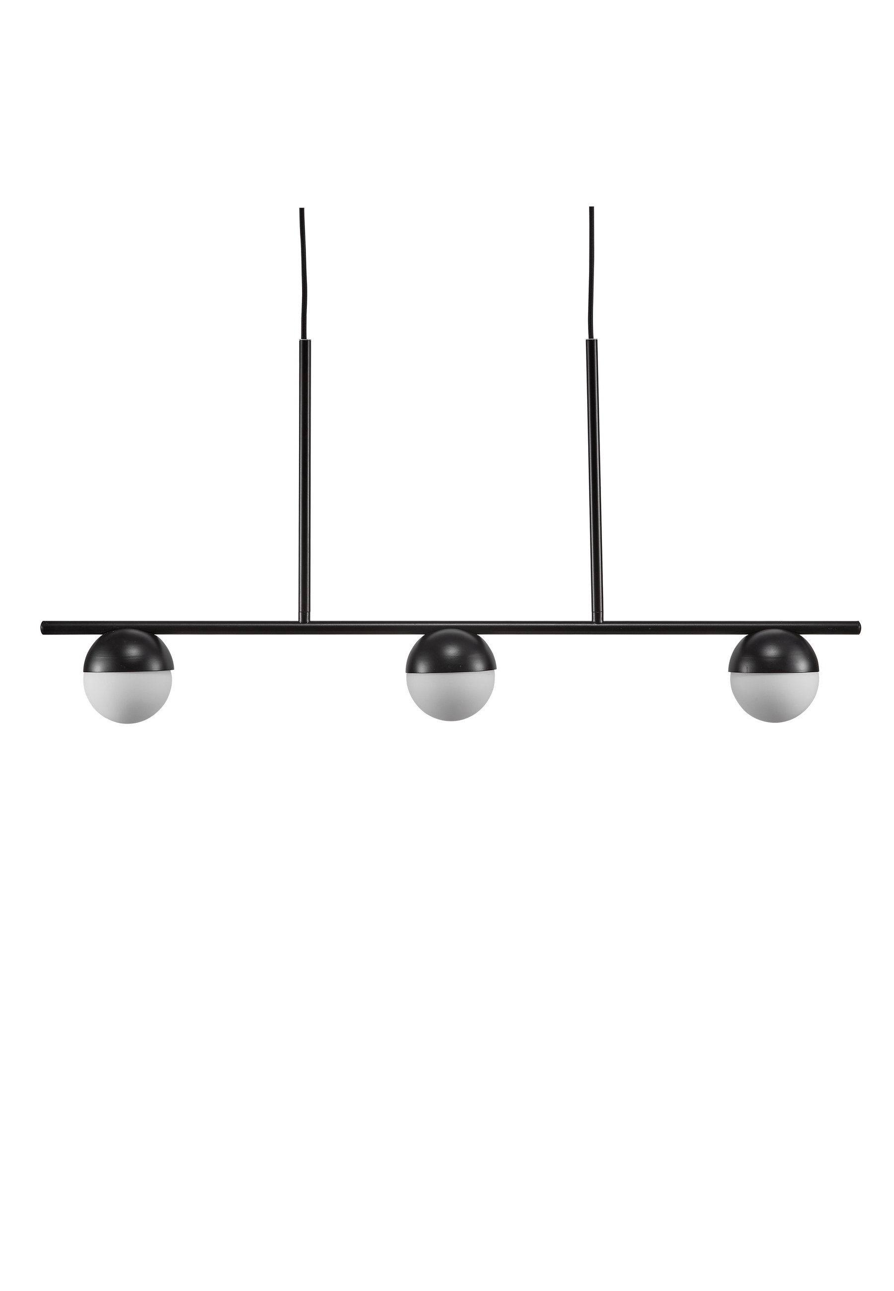 Eine moderne schwarze Deckenleuchte mit drei kugelförmigen weißen und schwarzen Glühbirnen.