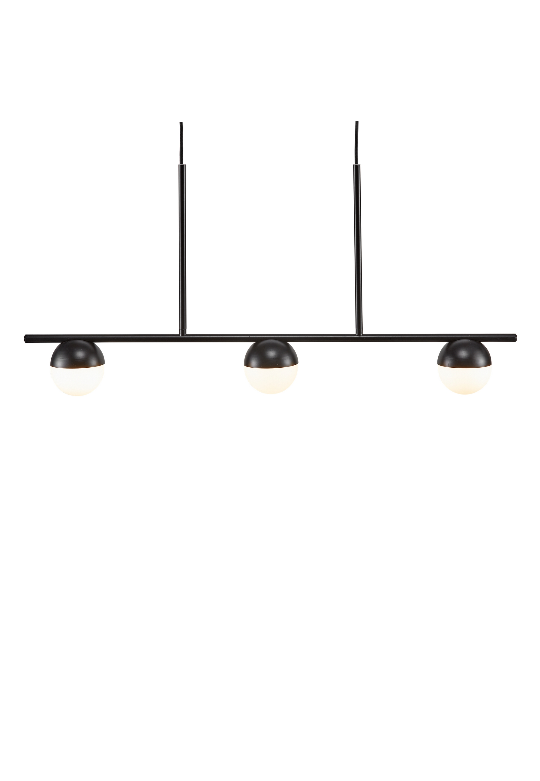Eine moderne schwarze lineare Pendelleuchte mit drei kugelförmigen weißen Glühbirnen.