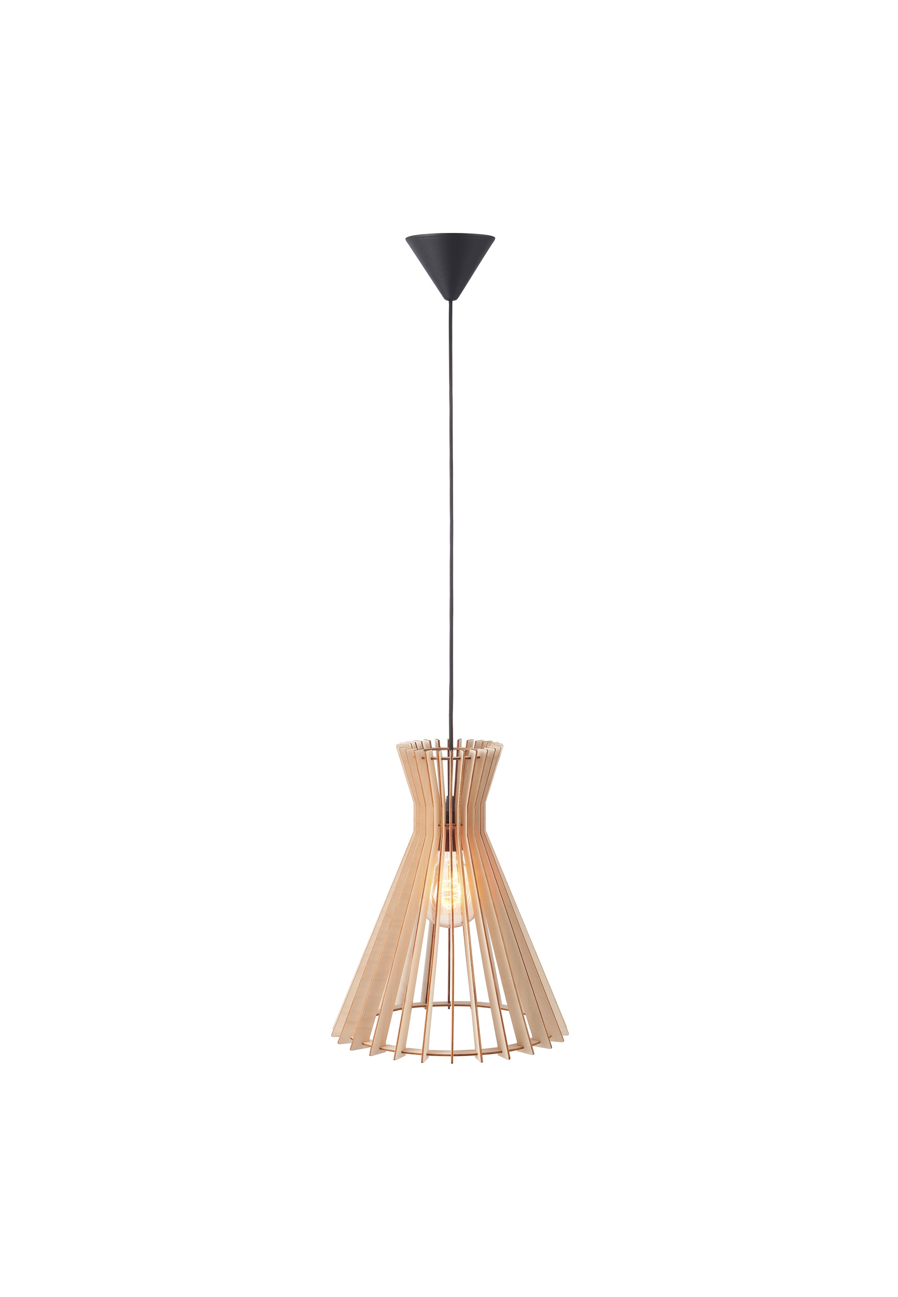 Holz-Pendelleuchte mit zentraler Glühbirne, hängend von einer schwarzen Deckenhalterung.