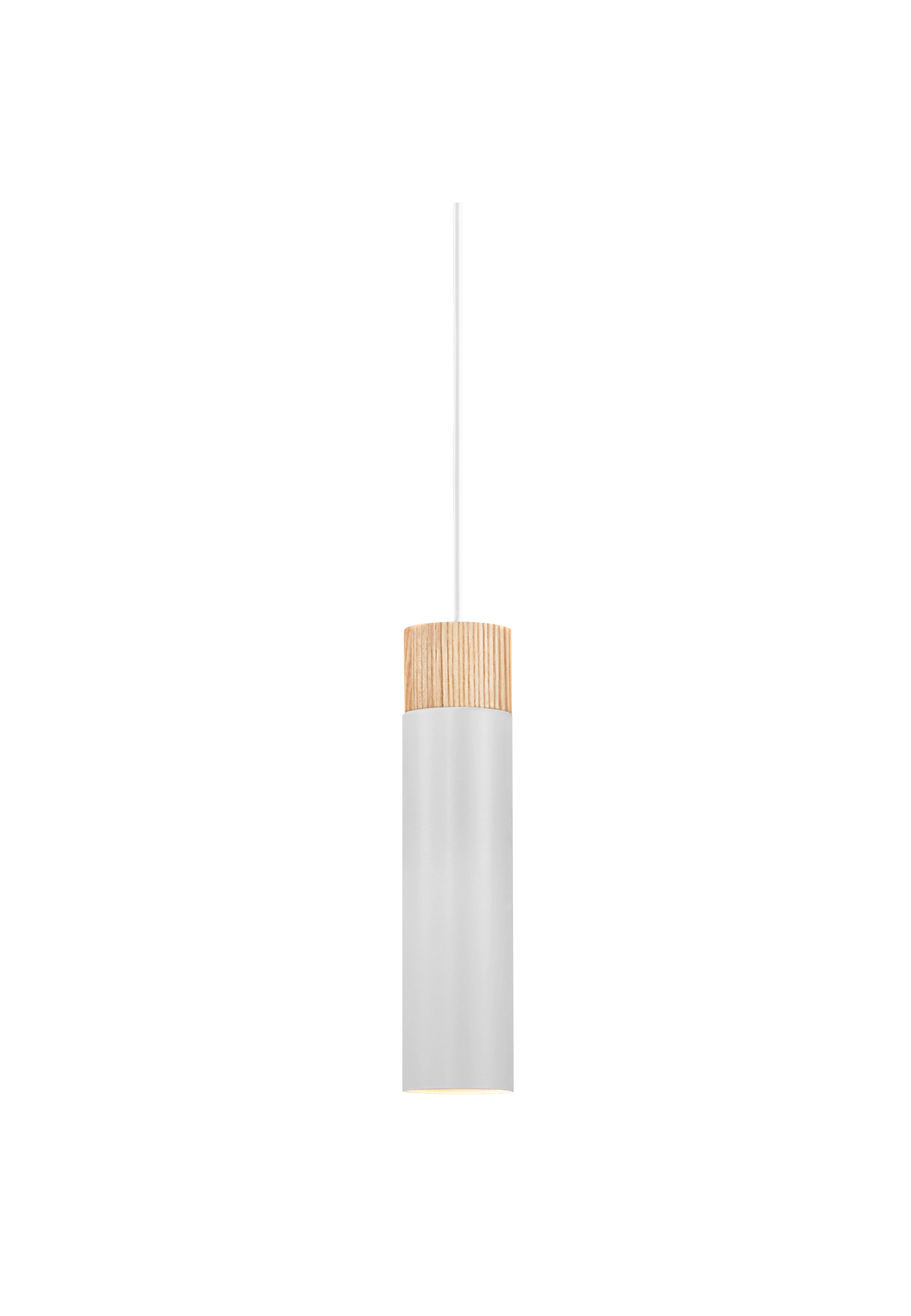 Weiße zylindrische Pendelleuchte mit Holzaufsatz. Das Kabel ist weiß.