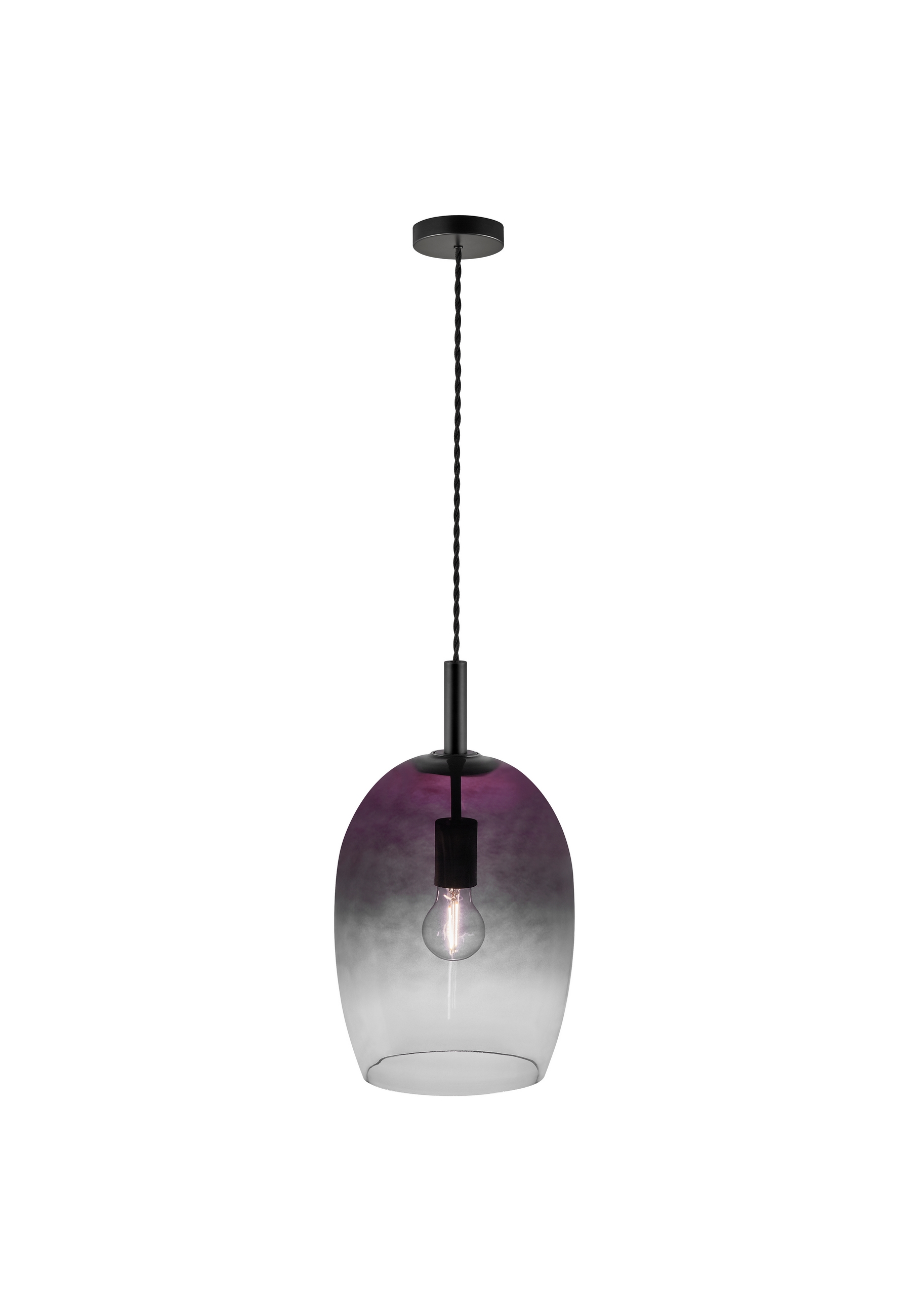 Lila und transparente Pendelleuchte, kugelförmig, schwarzes Kabel und Deckenbefestigung. Weißer Hintergrund.
