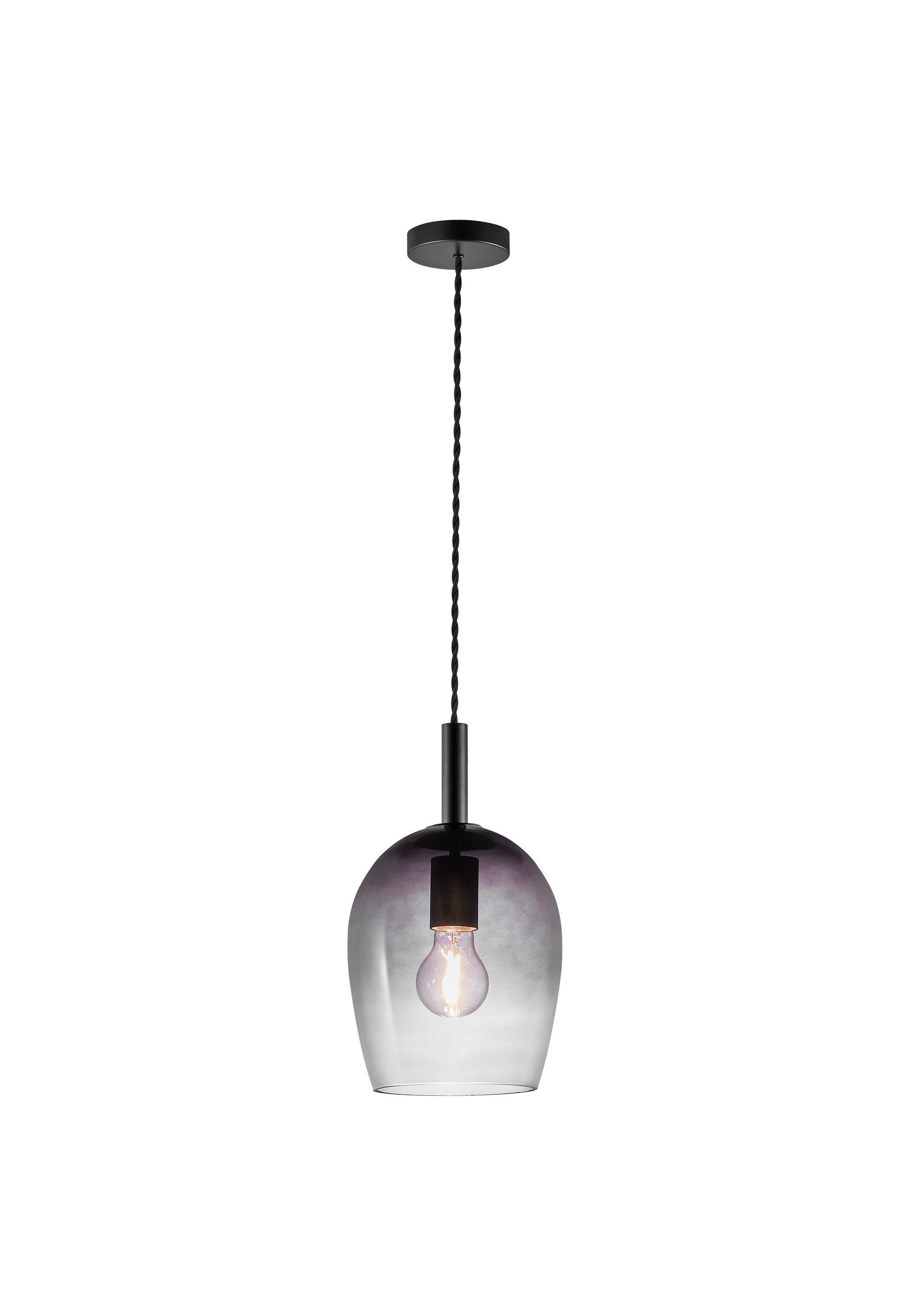 Eine Pendelleuchte mit einem violett getönten Glasschirm und einem schwarzen Kabel.