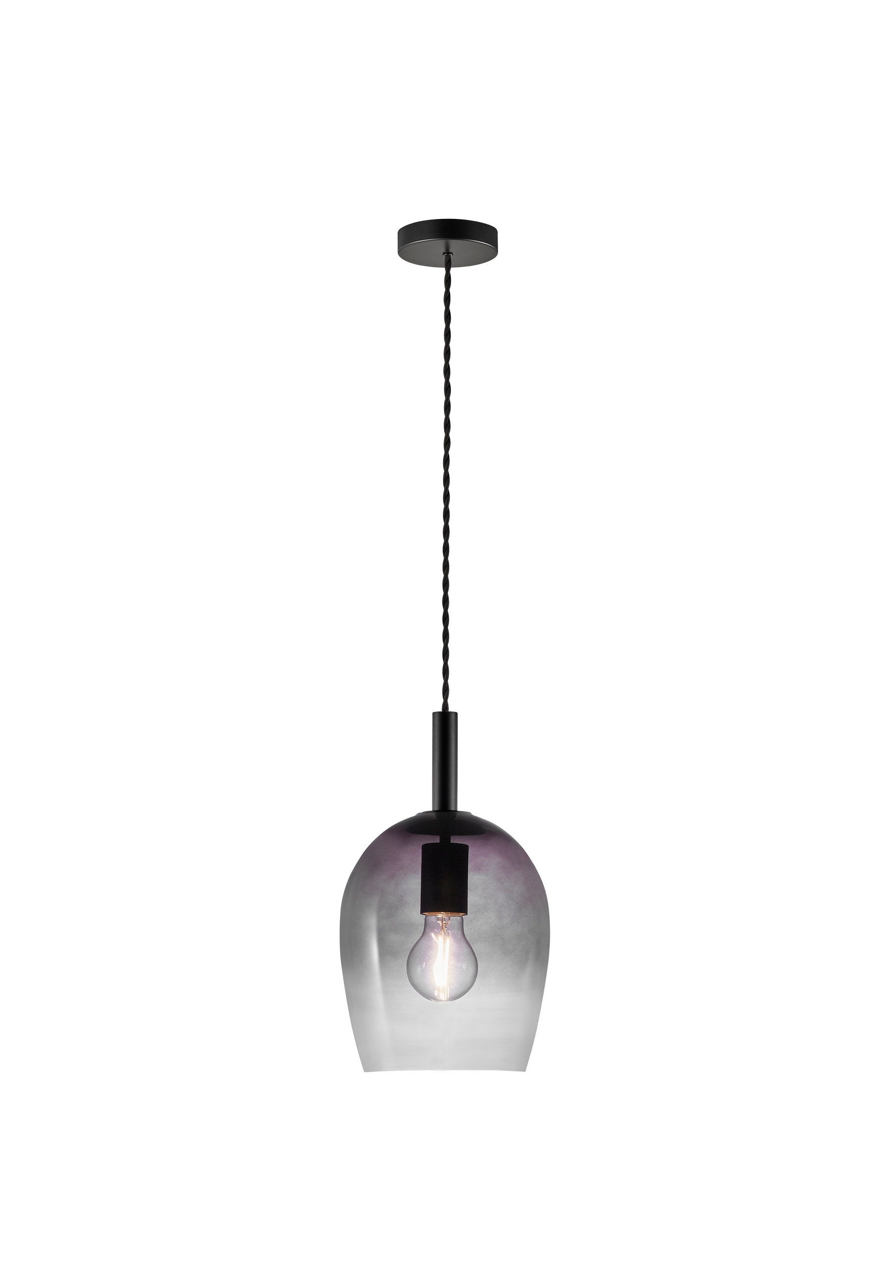Hängeleuchte mit schwarzem Kabel und lilafarbenem Glasschirm.