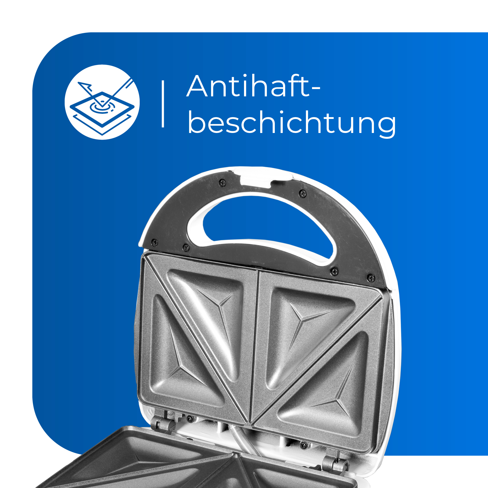 Weiß-grauer Sandwichmaker, geöffnet, mit blauem Hintergrund und Text.