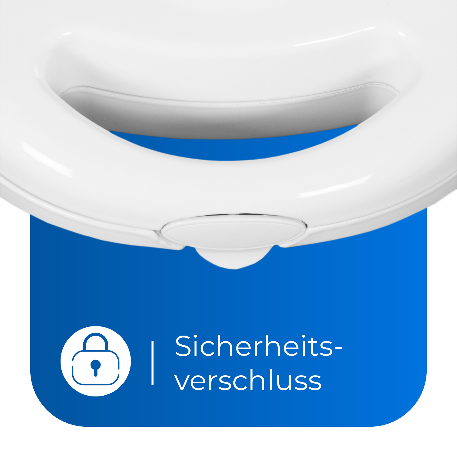 Nahaufnahme eines weißen Toilettensitzes mit blauem Hintergrund und dem Text 'Sicherheitsverschluss'.