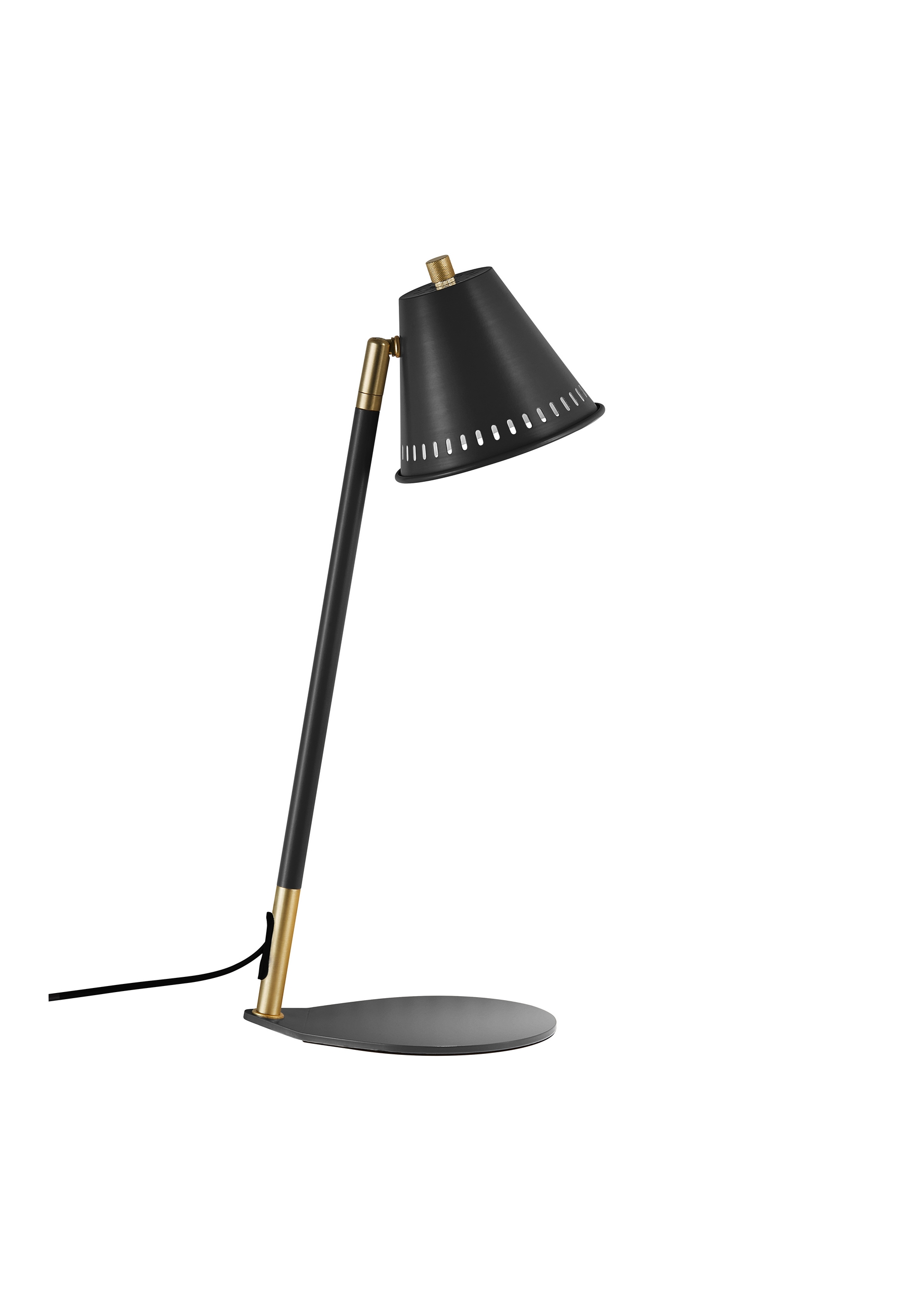 Schwarze und goldene Schreibtischlampe auf weißem Hintergrund. Schwarzer Fuß und Schaft.