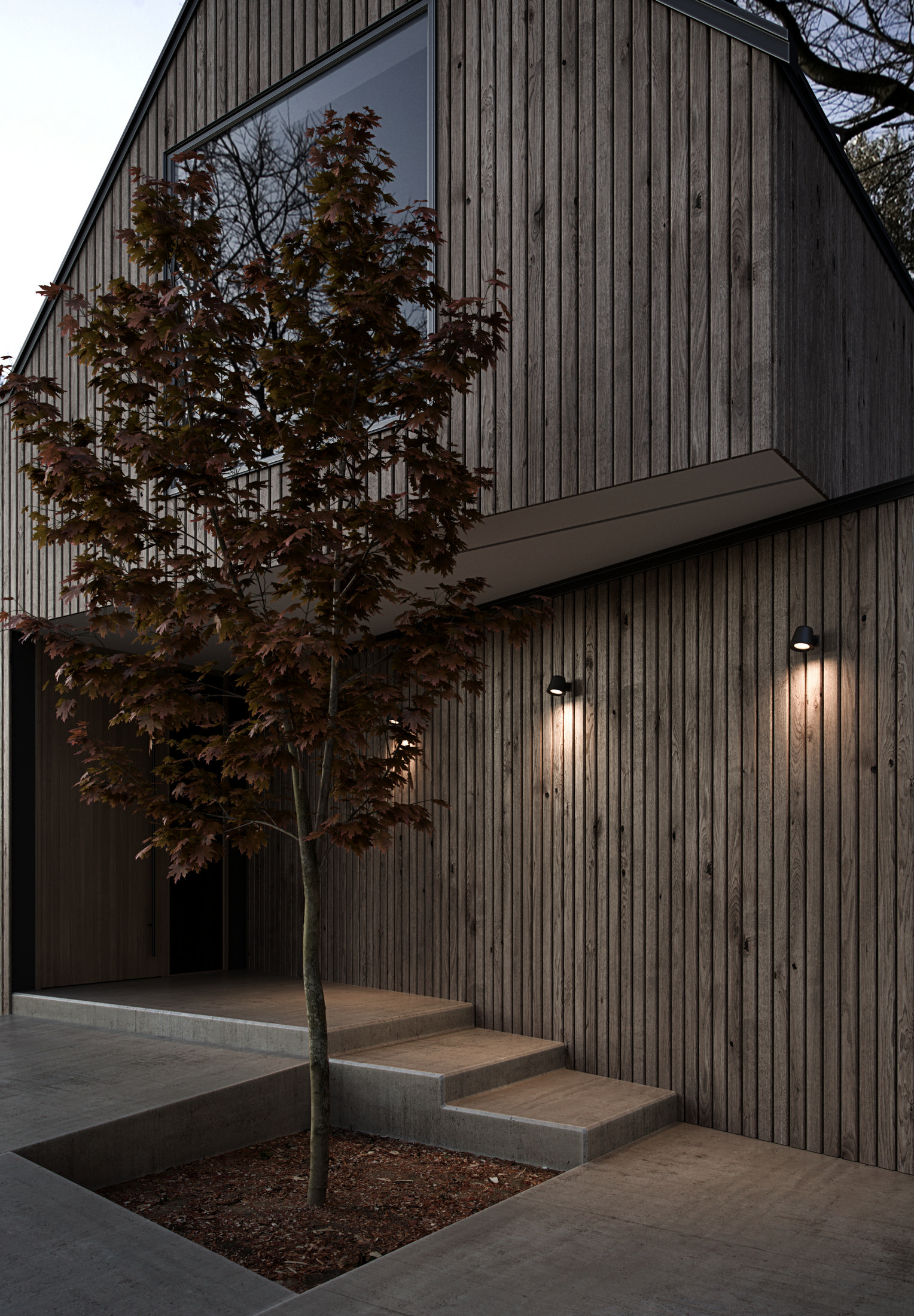 Modernes Hausäußeres mit Holzverkleidung, Baum und Betontreppe.