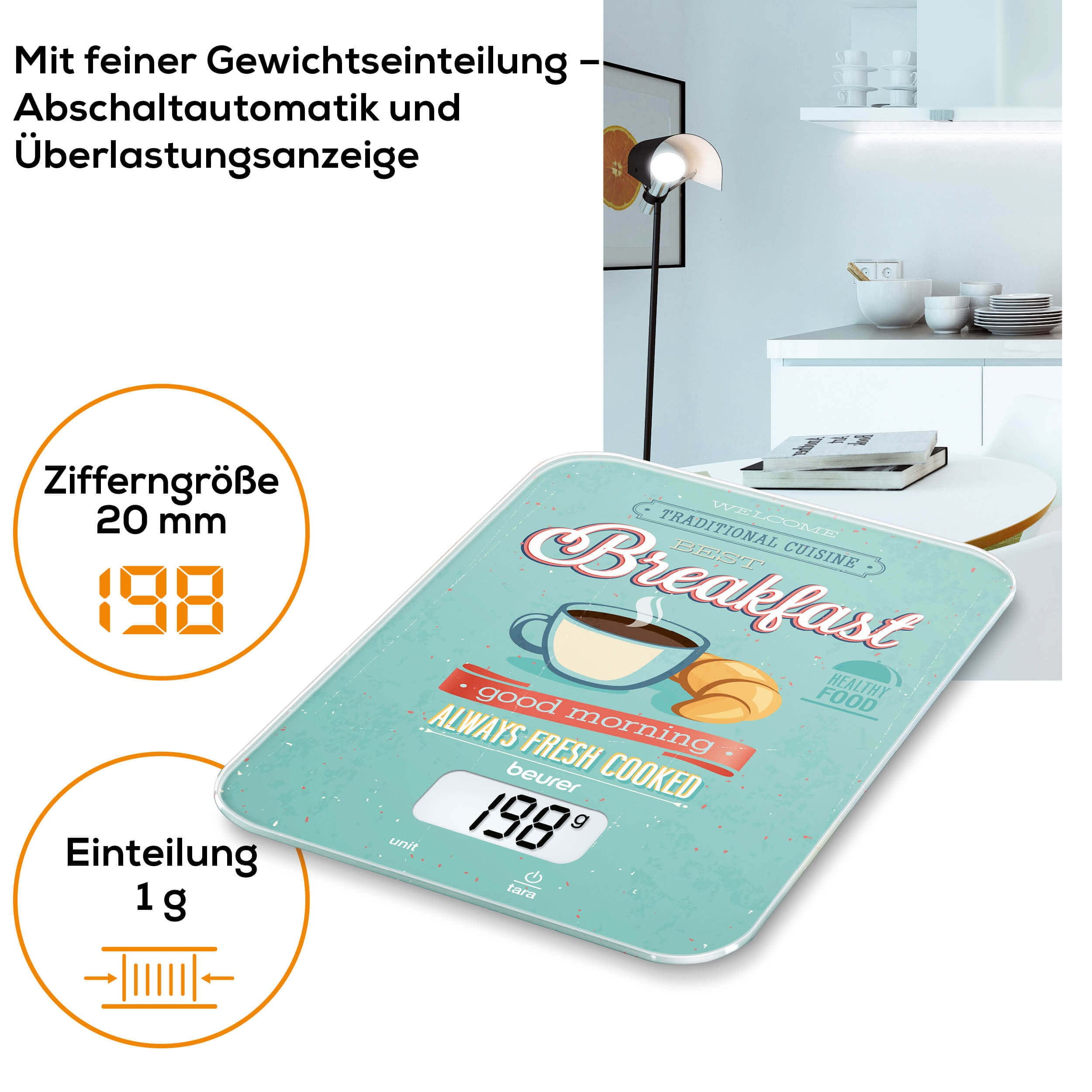 Una bilancia da cucina digitale con un design per la colazione. Visualizza il peso in un font da 20 mm.