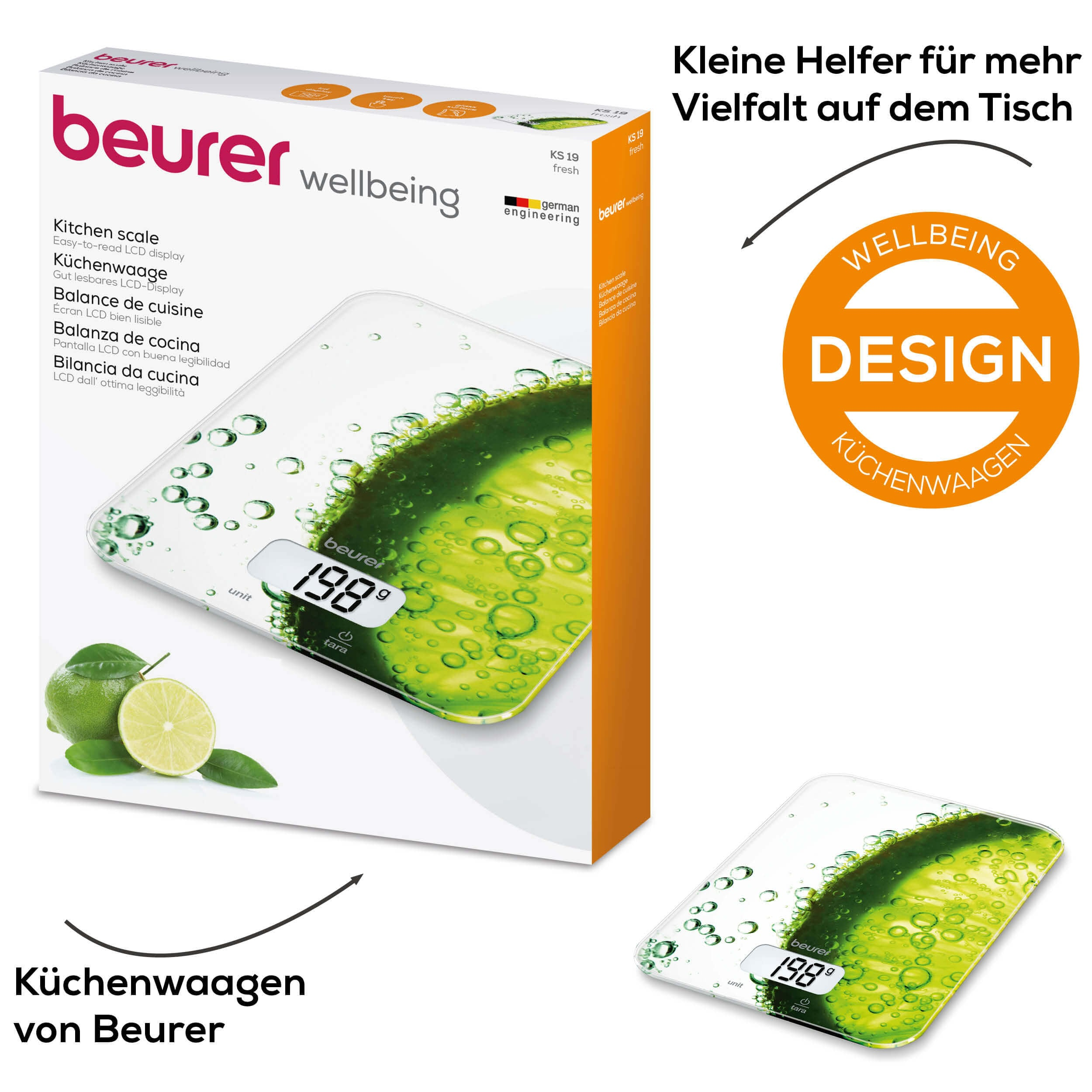 Küchenwaage mit einer Limette an der Seite. Weiße und orangefarbene Box mit Text.