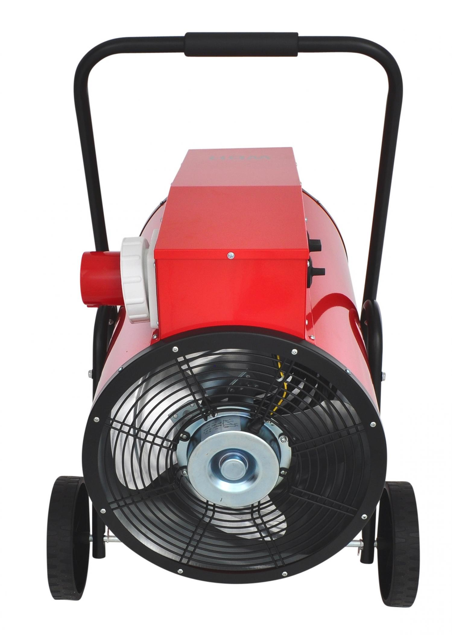 Roter Industrieheizer auf Rädern, mit einem schwarzen Ventilator.