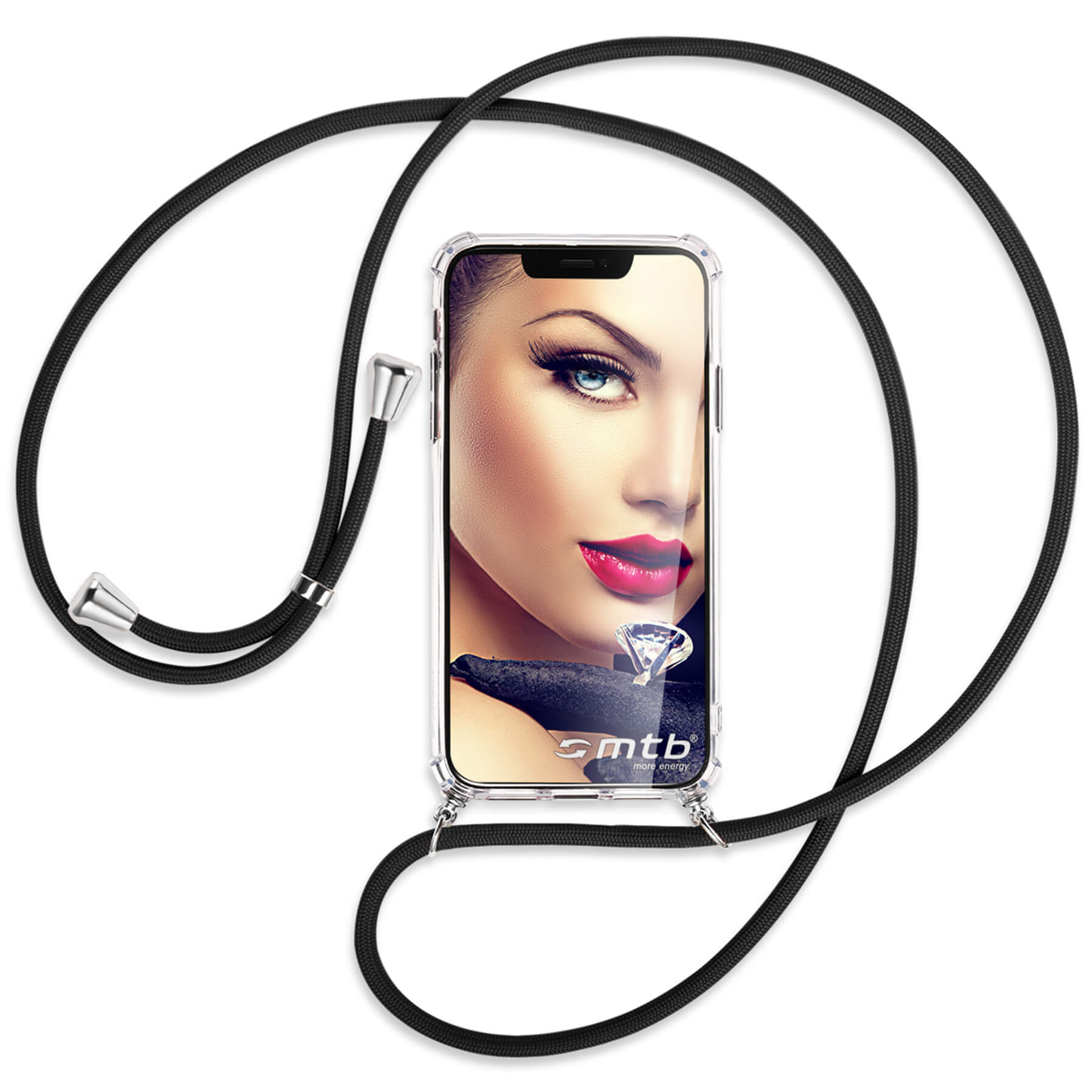 Telefon mit Riemen. Auf dem Bildschirm ist das Gesicht einer Frau, der Hintergrund ist weiß.