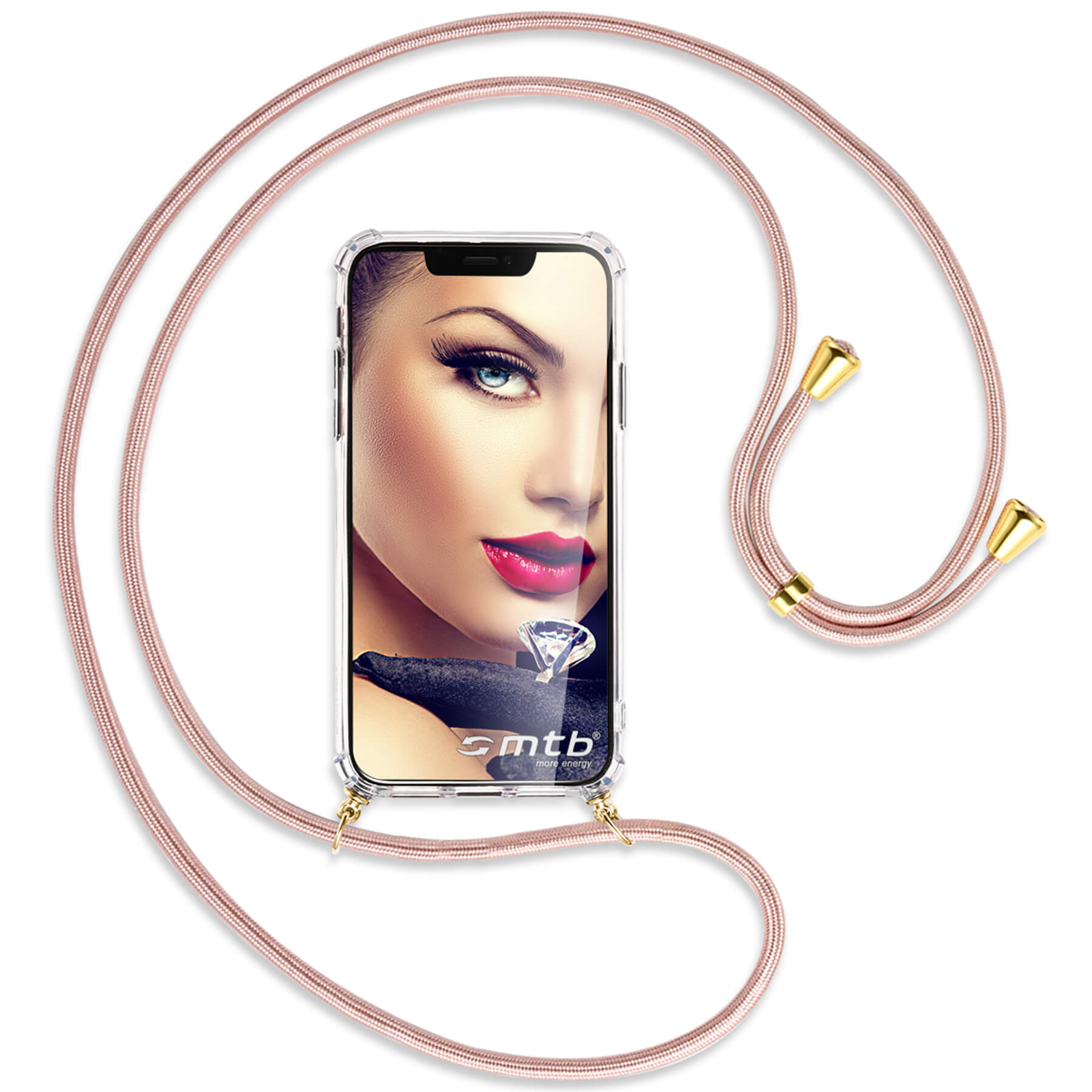 Telefon mit durchsichtiger Hülle und pinkfarbenem Kabel. Der Bildschirm zeigt eine Frau mit roten Lippen.