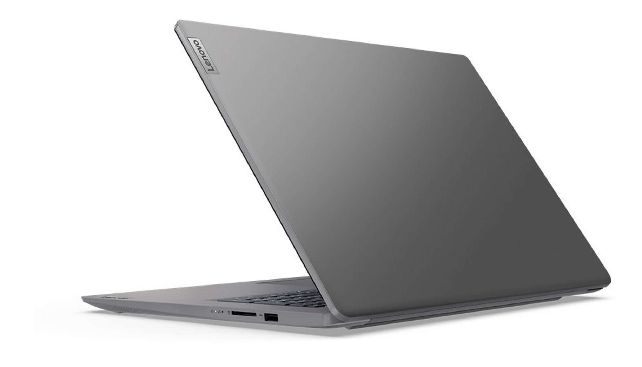 Grauer Lenovo Laptop, offen, zeigt die Rückseite und Seite. Vor weißem Hintergrund.
