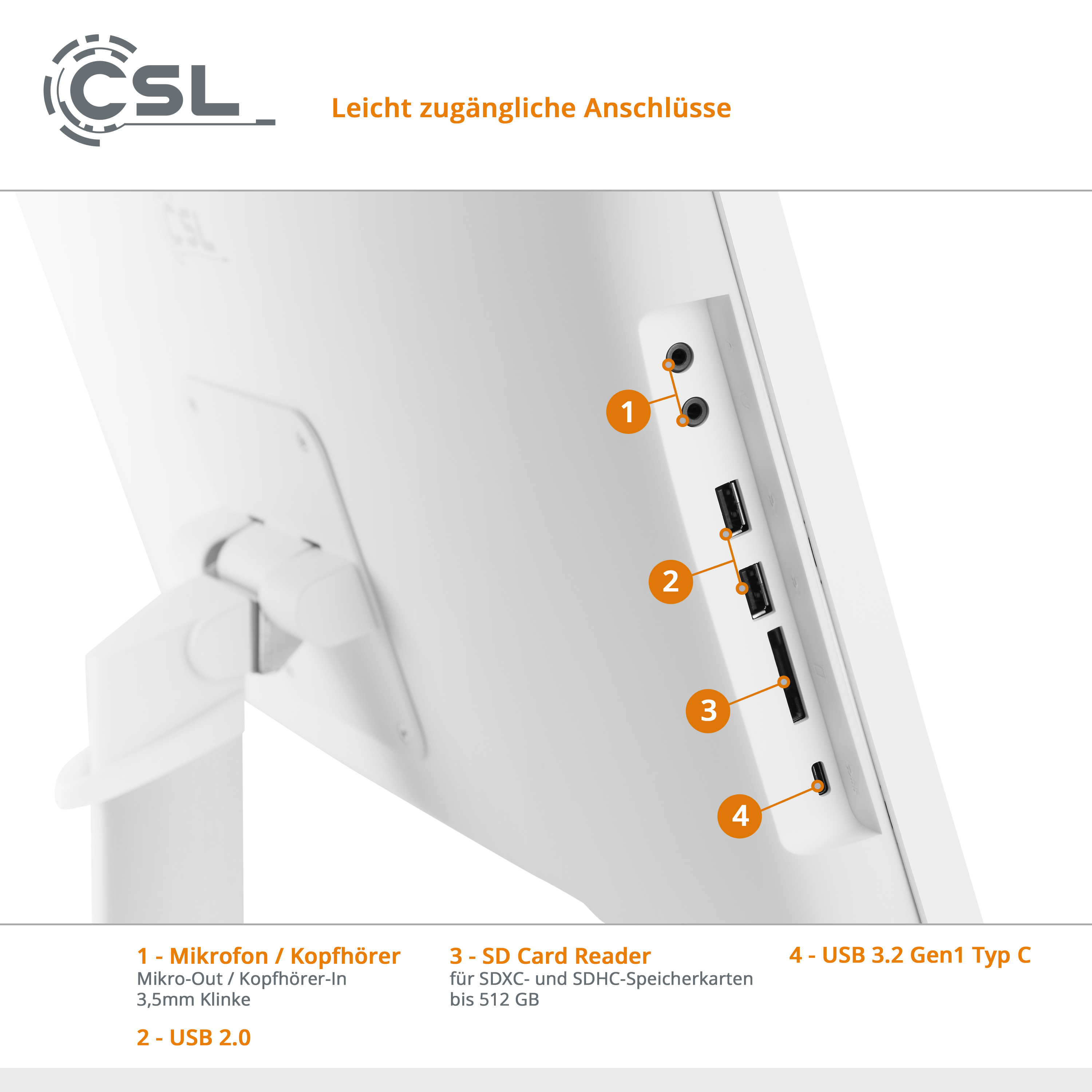 Nahaufnahme eines Computers mit beschrifteten Anschlüssen.