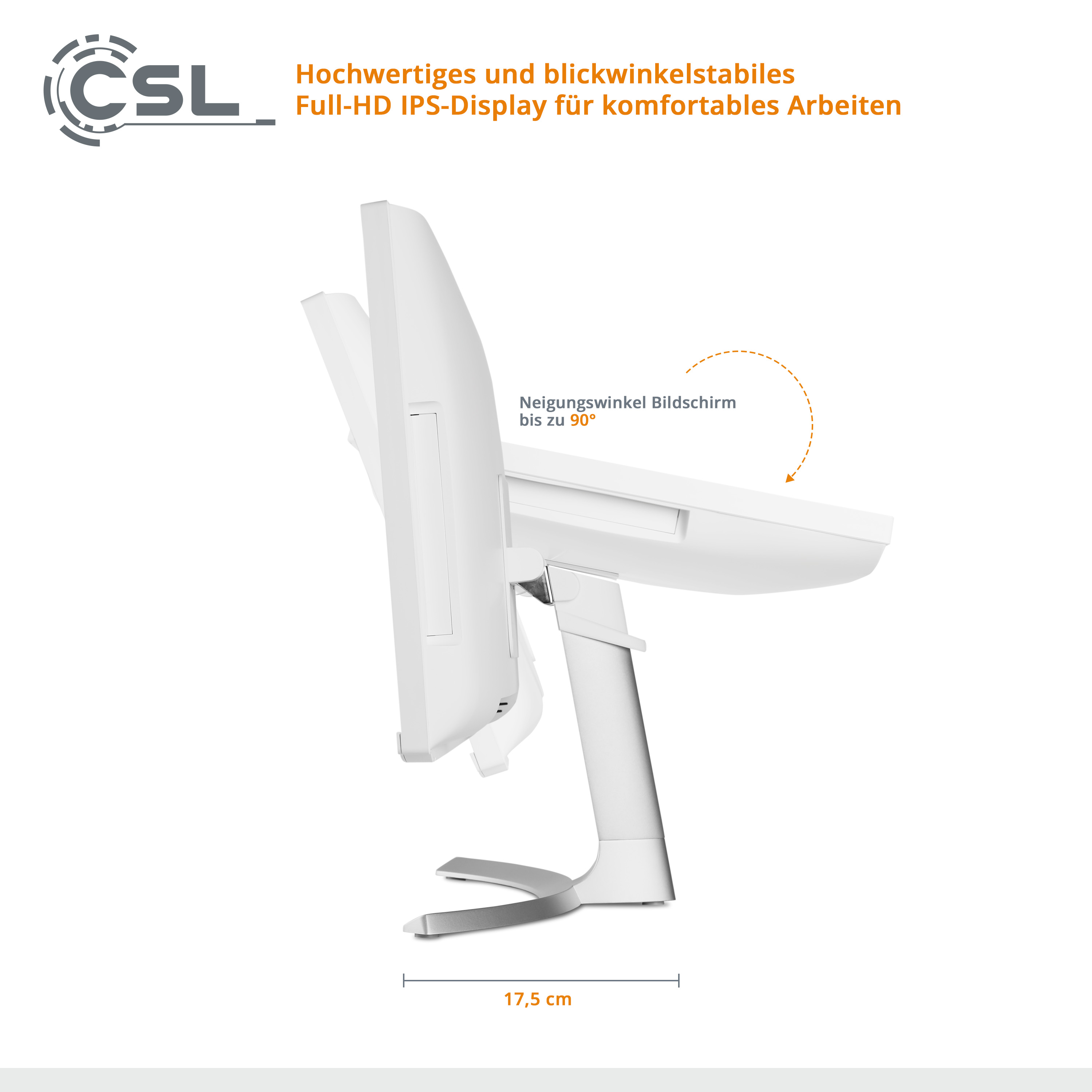 Seitenansicht eines weißen Monitorbildschirms. Text auf Deutsch besagt, dass es ein Full-HD IPS-Display ist.