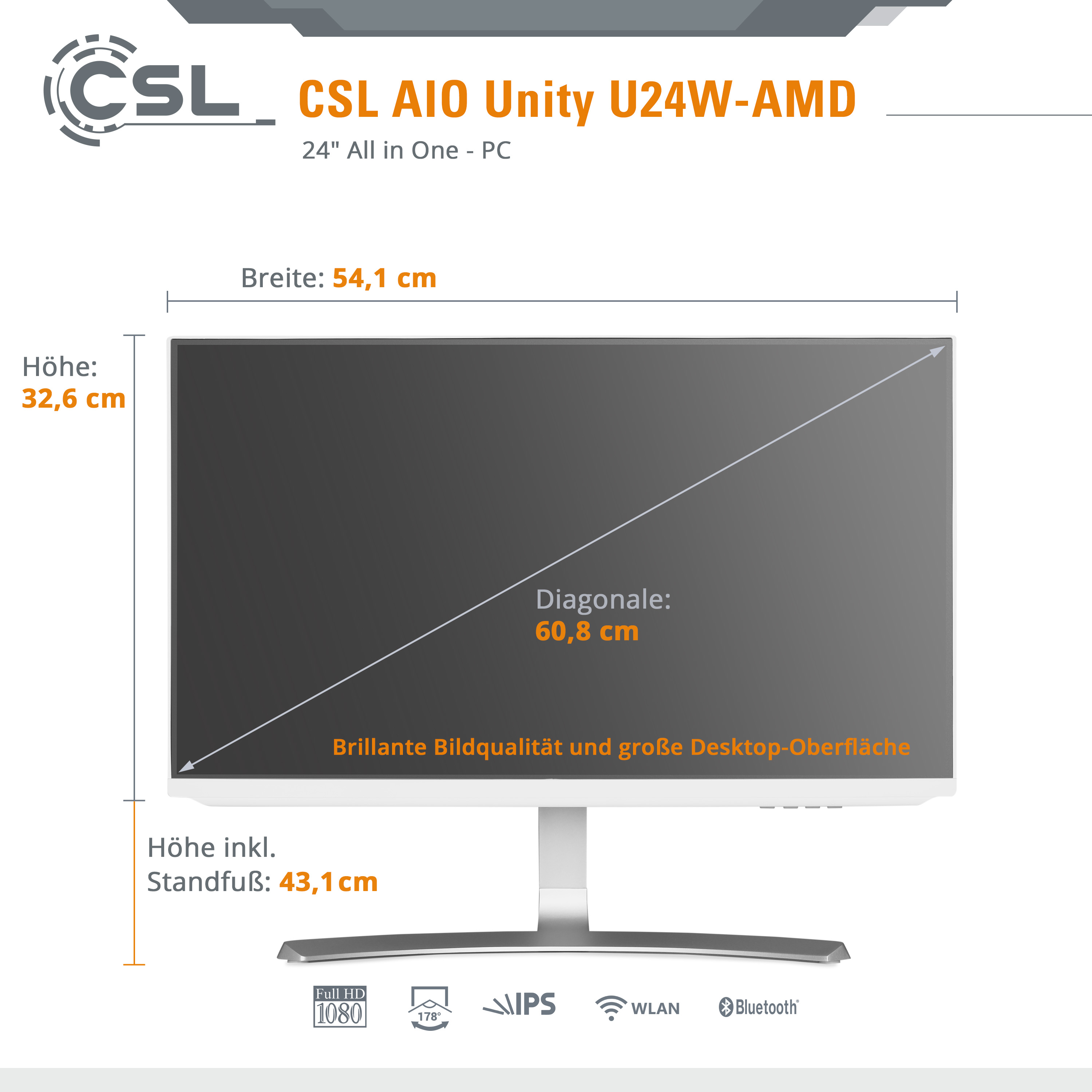 CSL Unity U24W-AMD / RAM, GB 32 Graphics, 24 All-in-One-PC / GB GB 5700G SSD, Radeon GB 2000 2000 mit Zoll weiß / AMD Display, 32 RAM