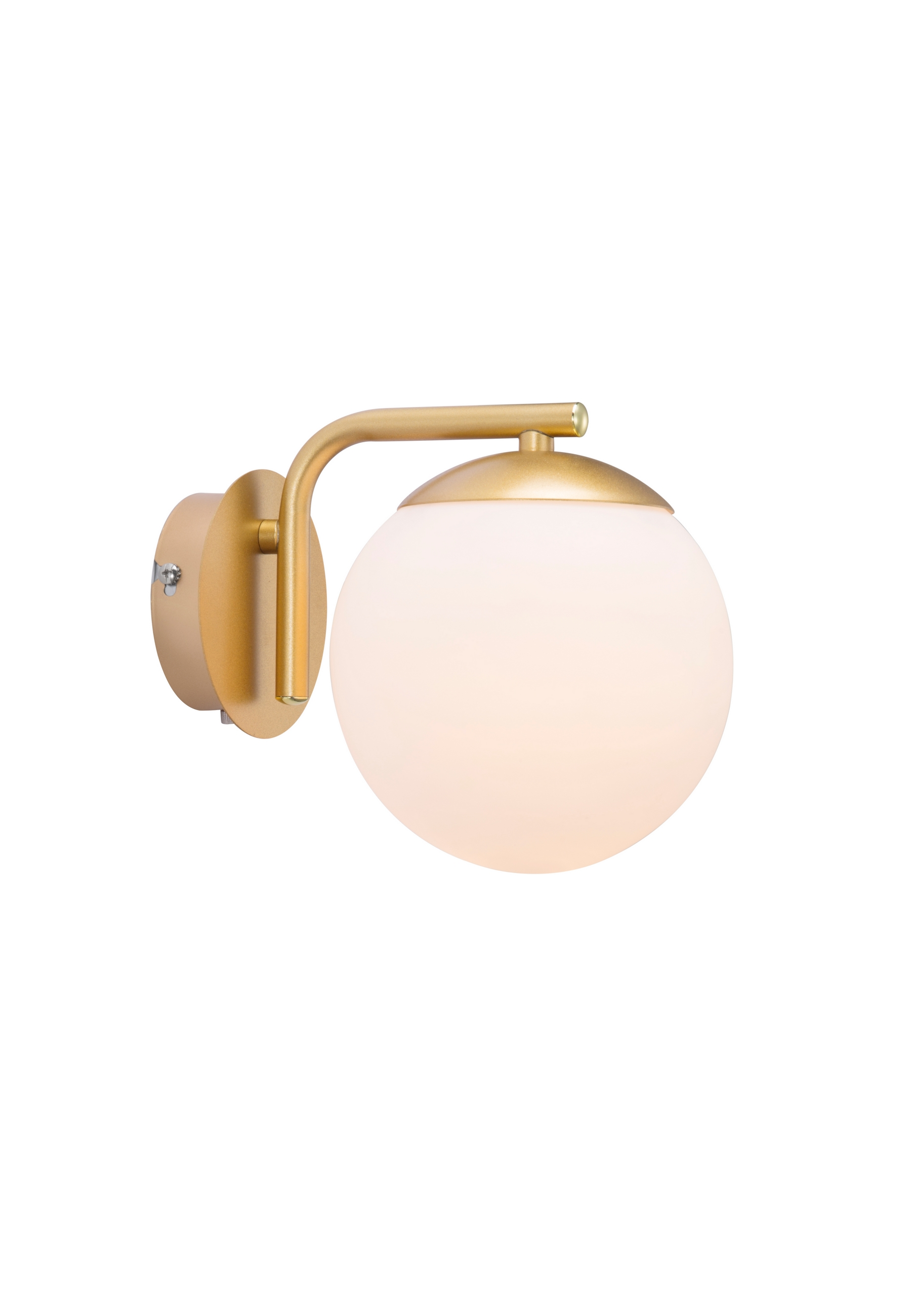 Goldene Wandlampe mit rundem, mattiertem Glasschirm.